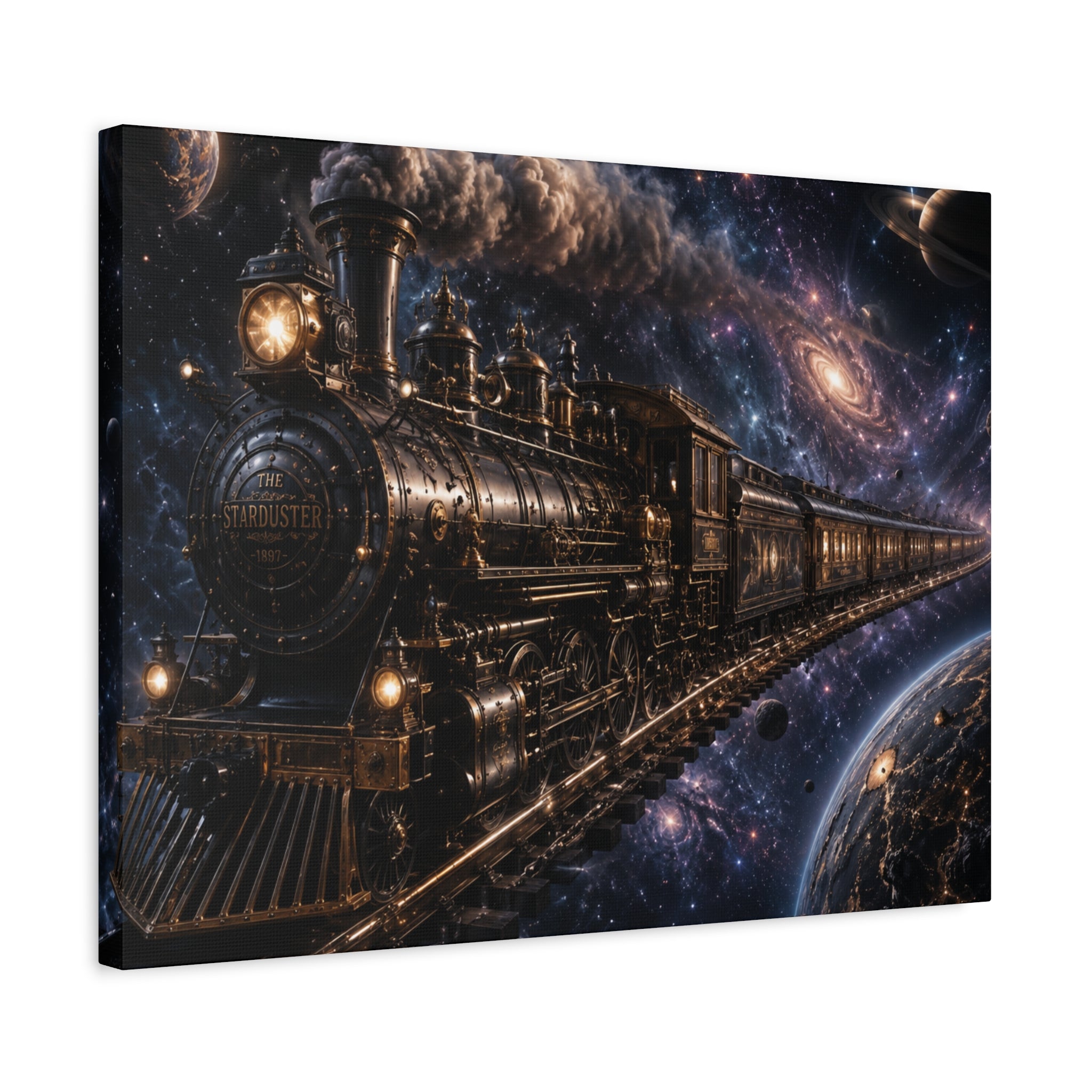 Steam Train Through the Cosmos Canvas Art — Vintage Locomotive Space Poster