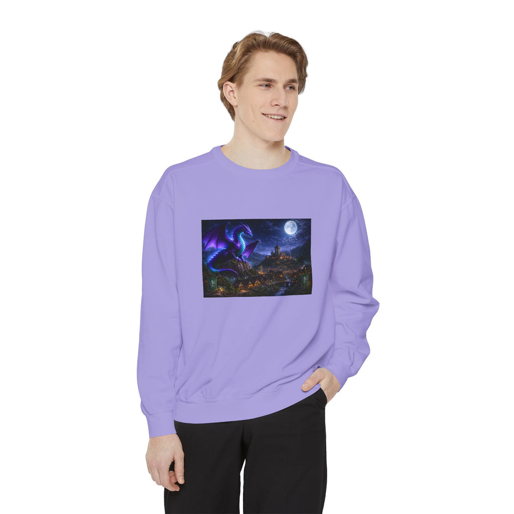 Dragon Night Sweatshirt — Mystical Purple Dragon Over Moonlit Village