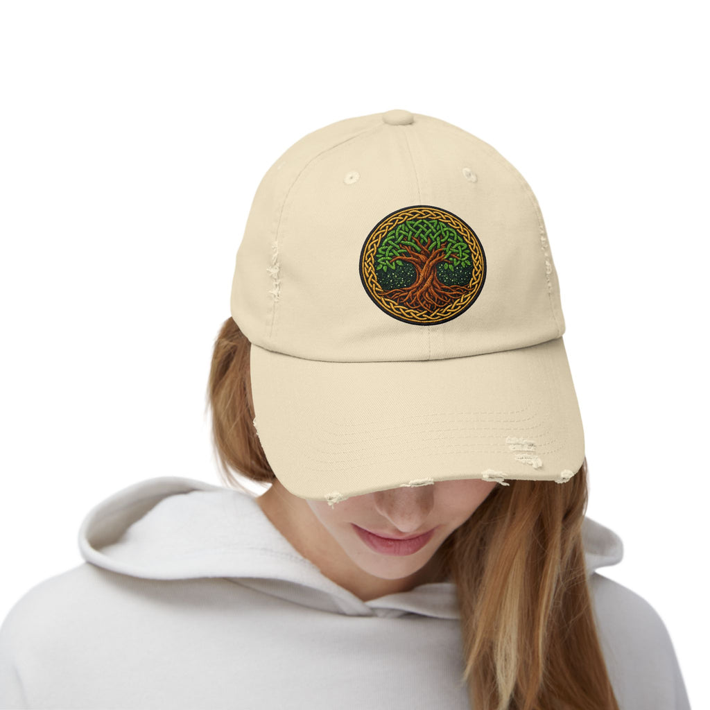 Distressed Baseball Cap — Celtic Tree of Life Faux-Embroidered Adjustable Hat