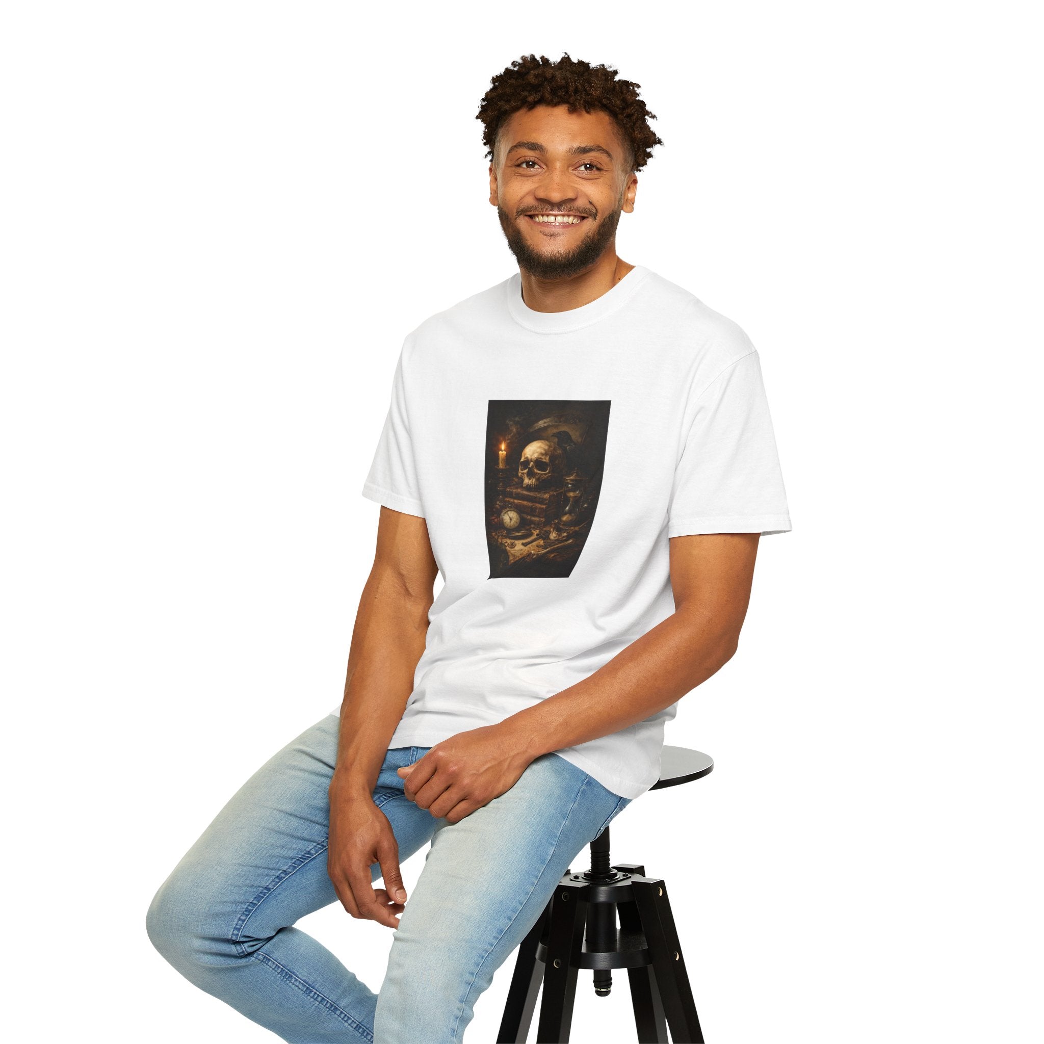 Skull Still Life T-Shirt — Vintage Vanitas Candle & Hourglass Graphic