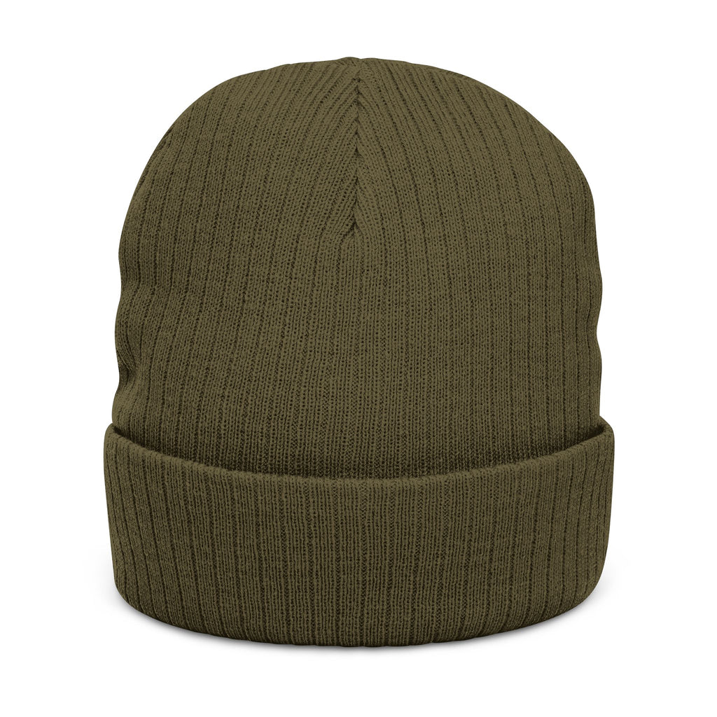 Faux-Embroidered Patch Ribbed Beanie — Vintage Crest Trio Knit Hat