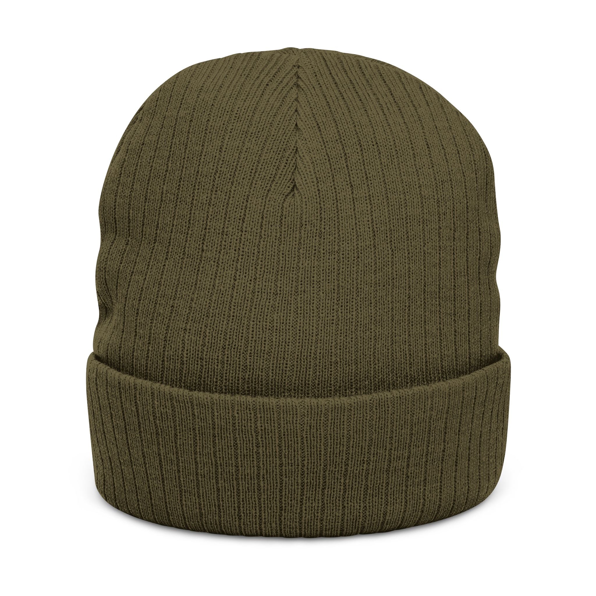Faux-Embroidered Patch Ribbed Beanie — Vintage Crest Trio Knit Hat