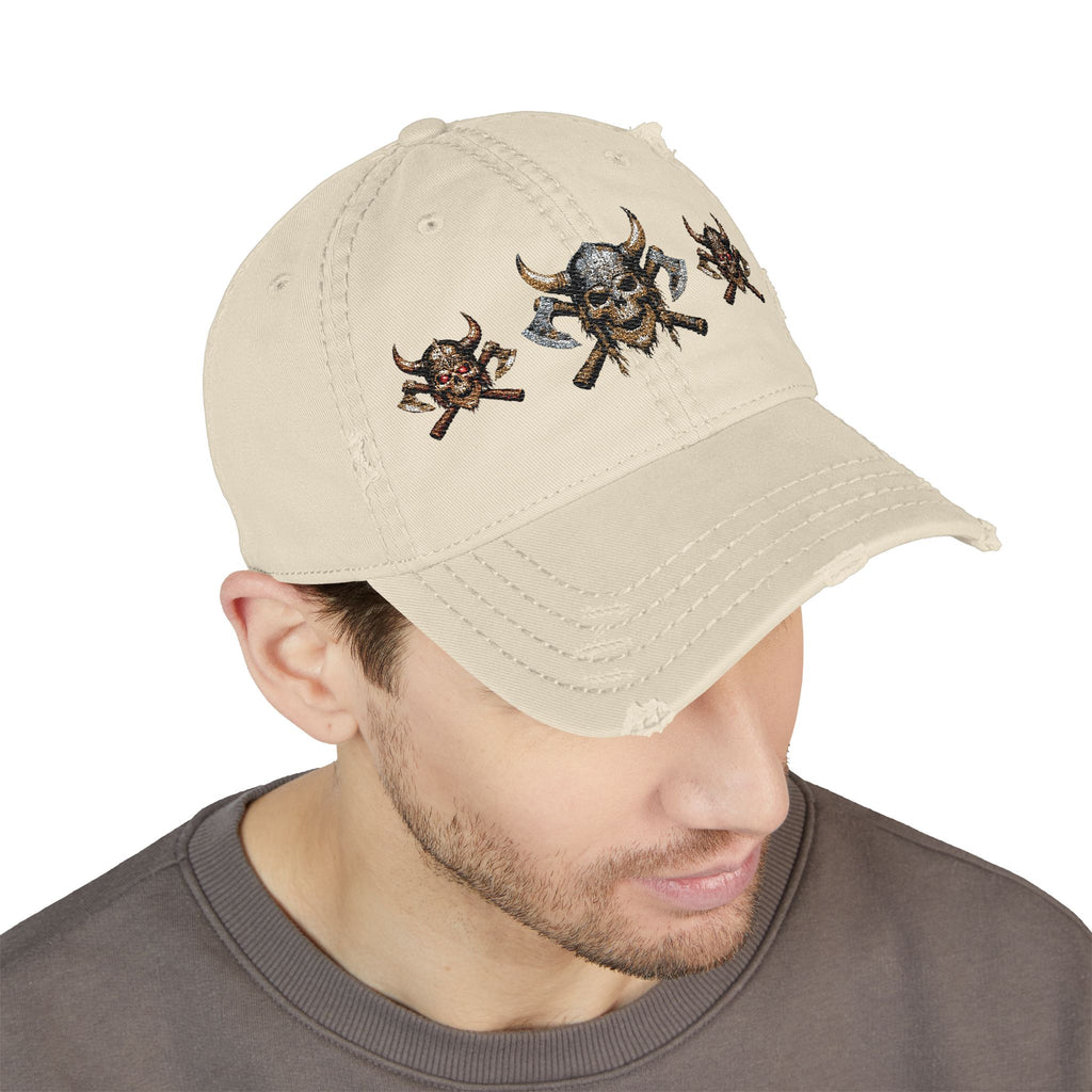 Distressed Viking Skull & Crossed Axes Embroidered Dad Hat