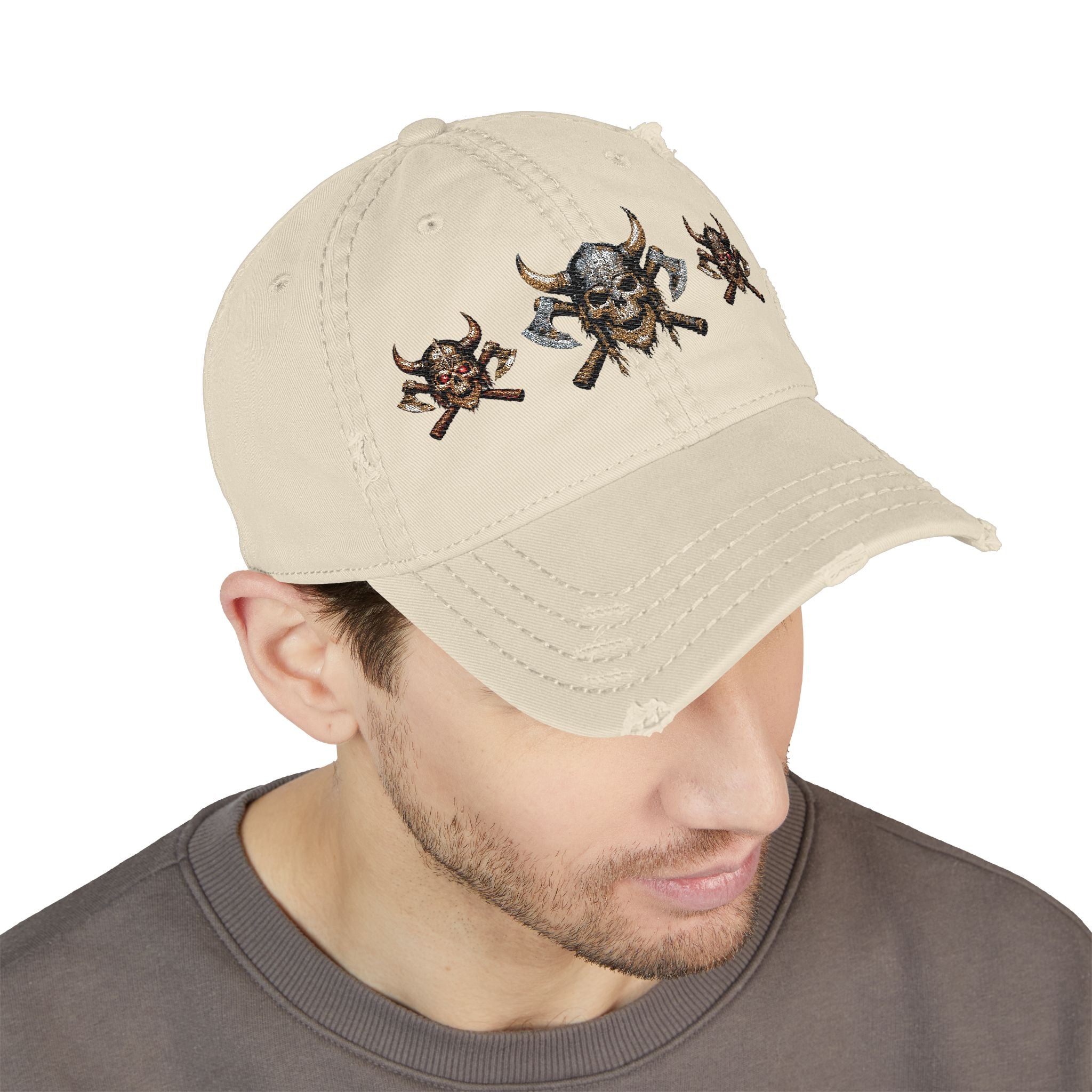 Distressed Viking Skull & Crossed Axes Embroidered Dad Hat