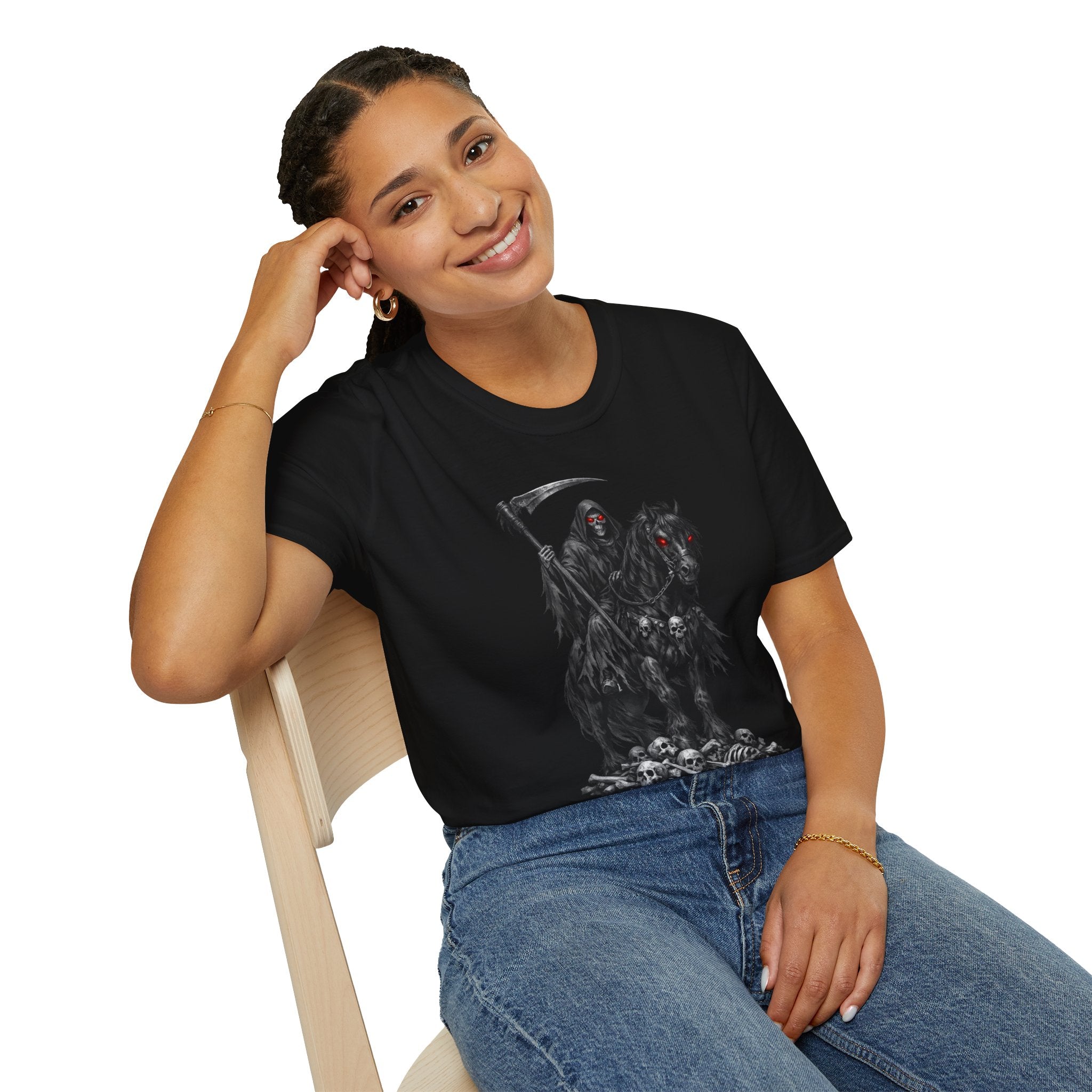 Grim Reaper Skull Tee — Dark Gothic Scythe Shirt with Red-Eyed Horse