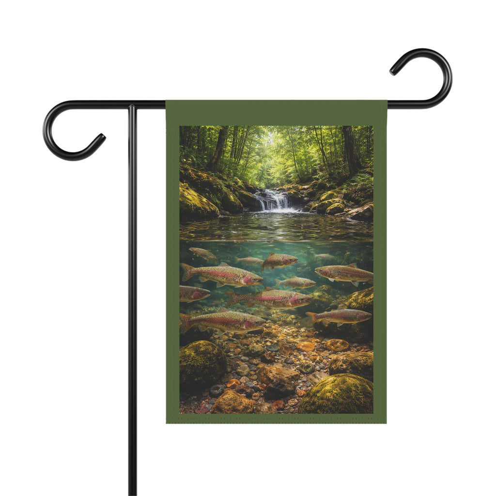 Trout Stream Garden Flag – Woodland Waterfall Yard Banner