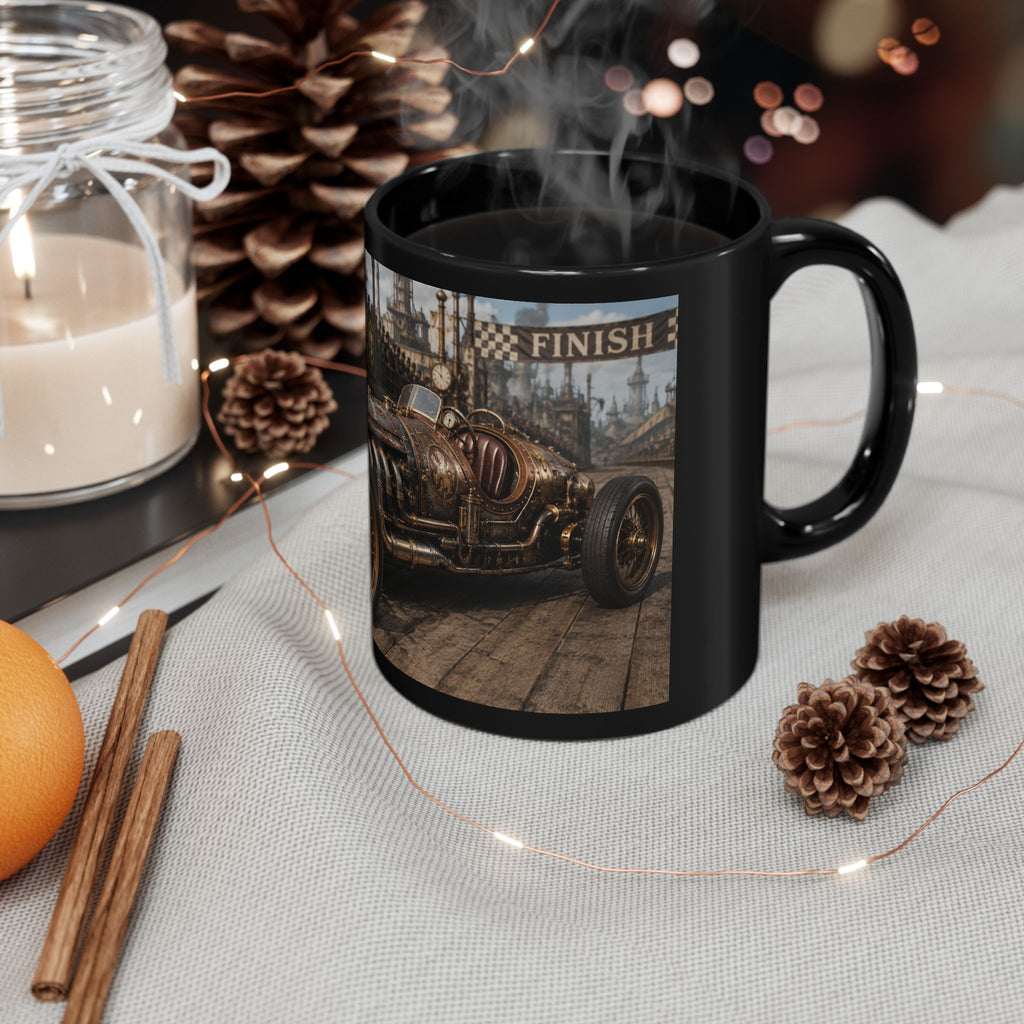 Steampunk Vintage Racecar Black Mug - 'Finish' Retro Racing Coffee Cup (11oz/15oz)