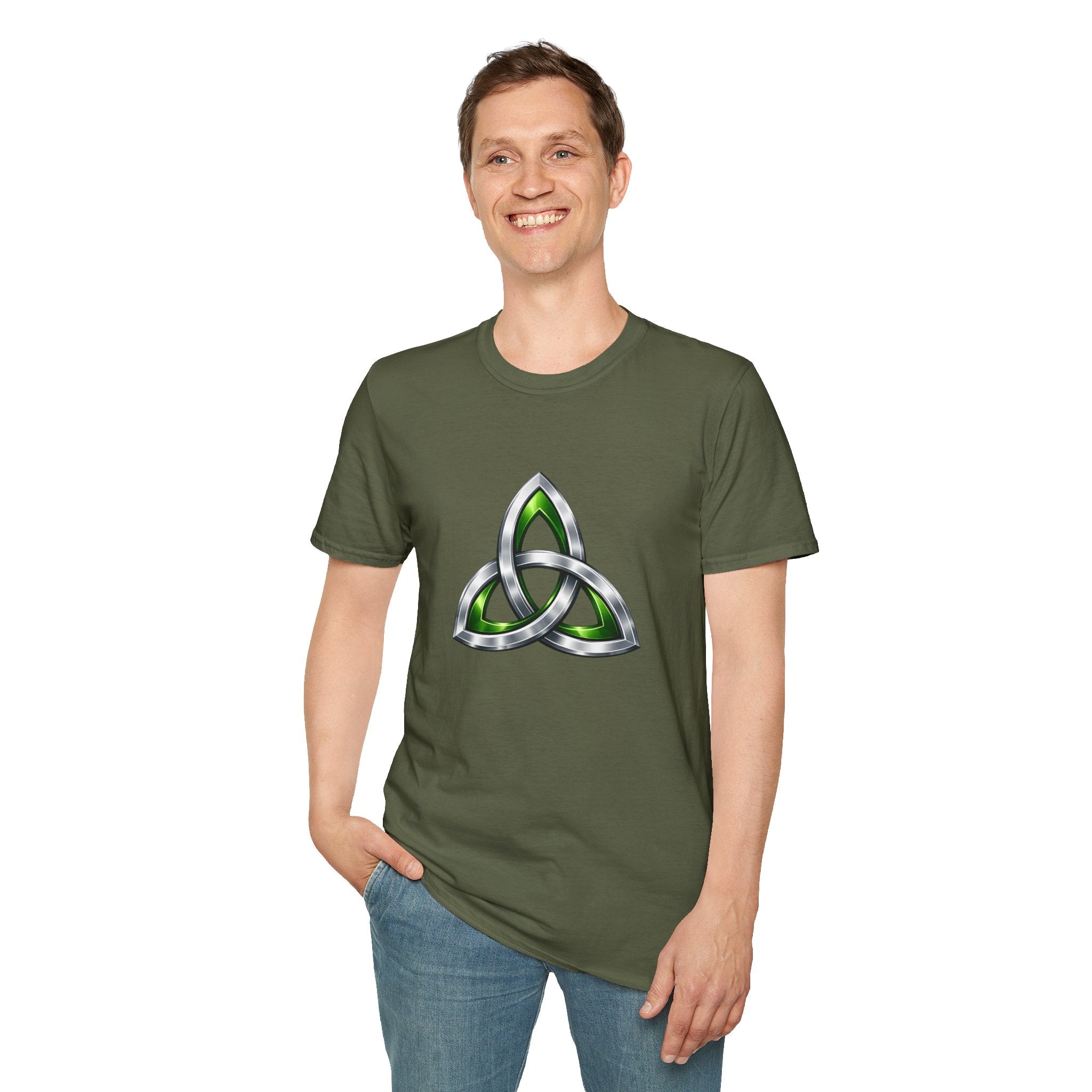 Celtic Trinity Knot T-Shirt — Metallic Green Triquetra Design