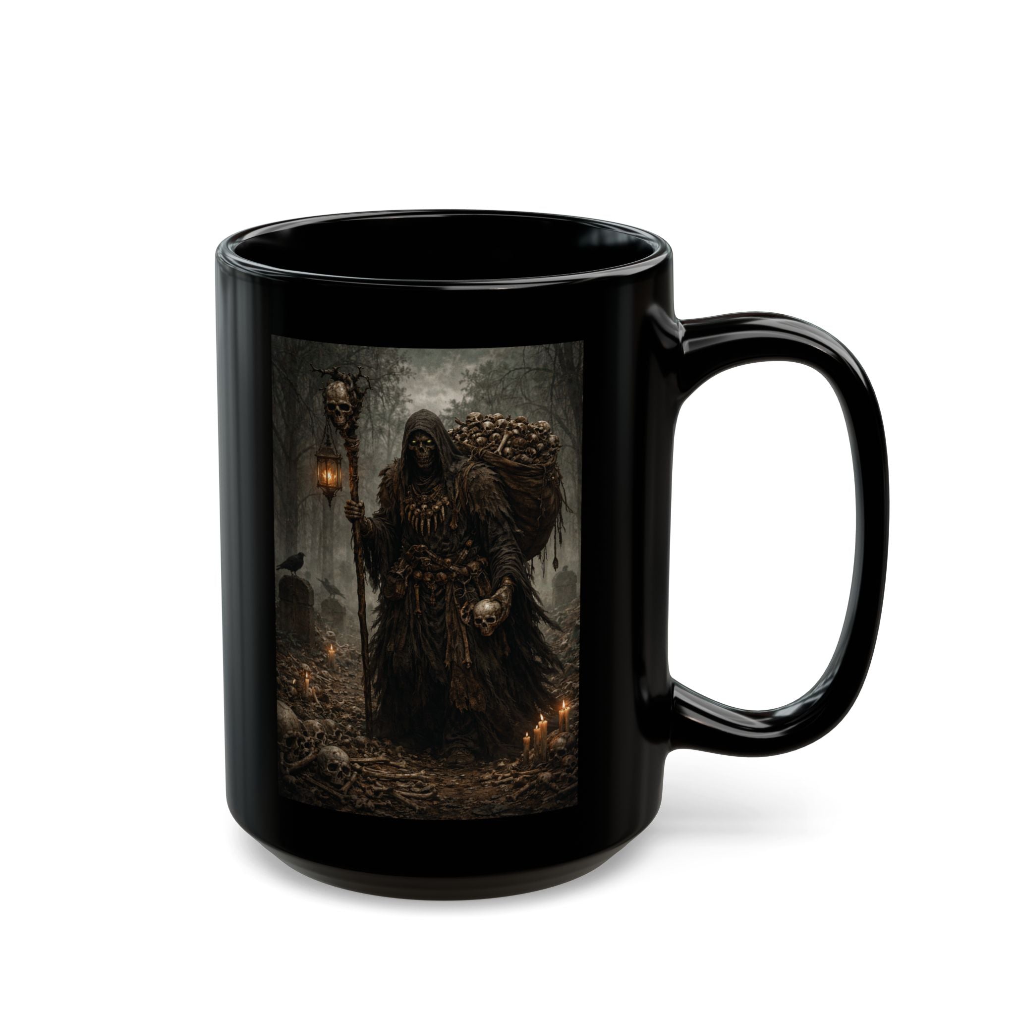 Bone Collector Grim Reaper Dark Fantasy Black Mug — Gothic Necromancer Illustration (11oz/15oz)