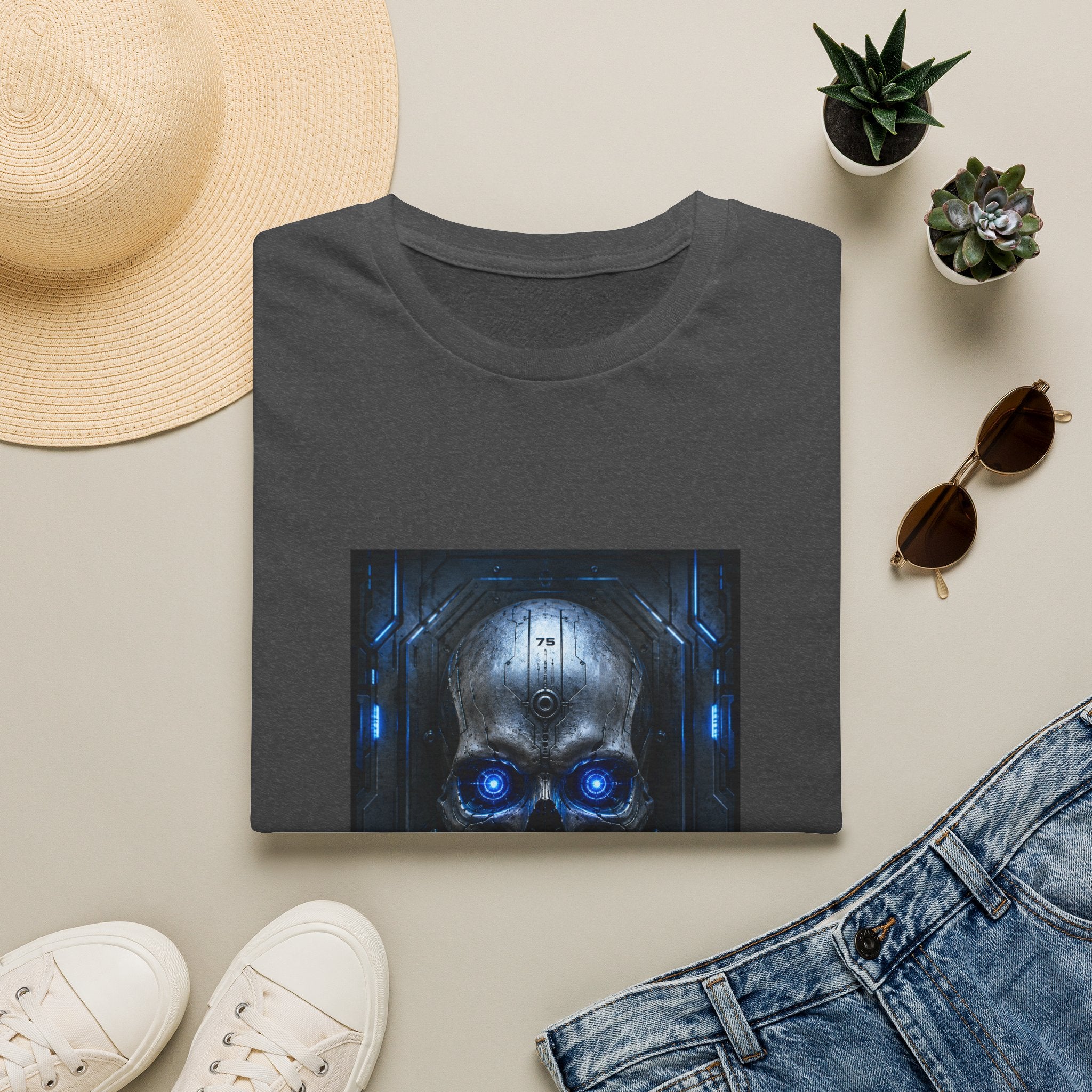 Skull Cyberpunk T-Shirt — Blue Glowing Skull Sci‑Fi Graphic Tee