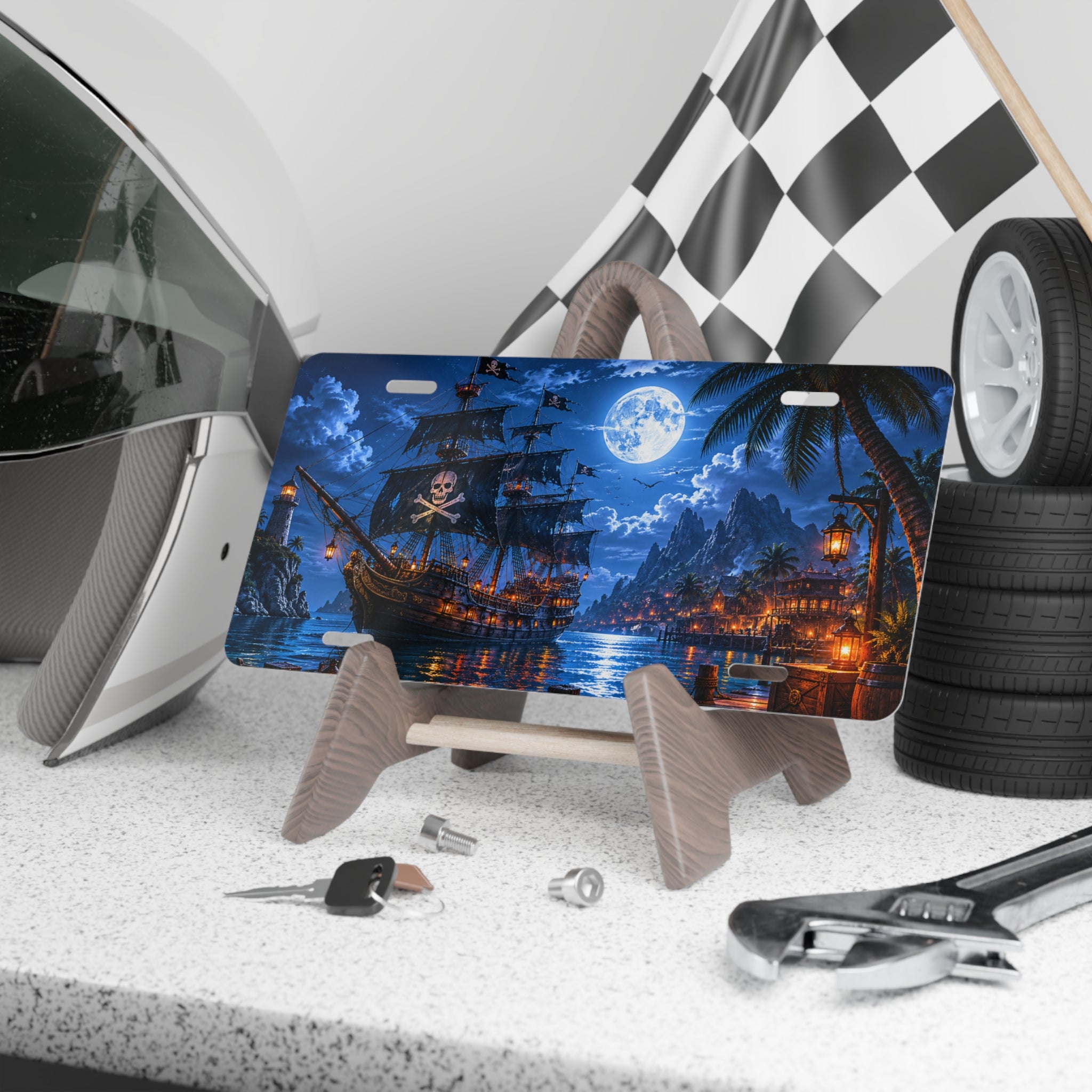 Pirate Night Vanity Plate — Moonlit Pirate Ship License Plate