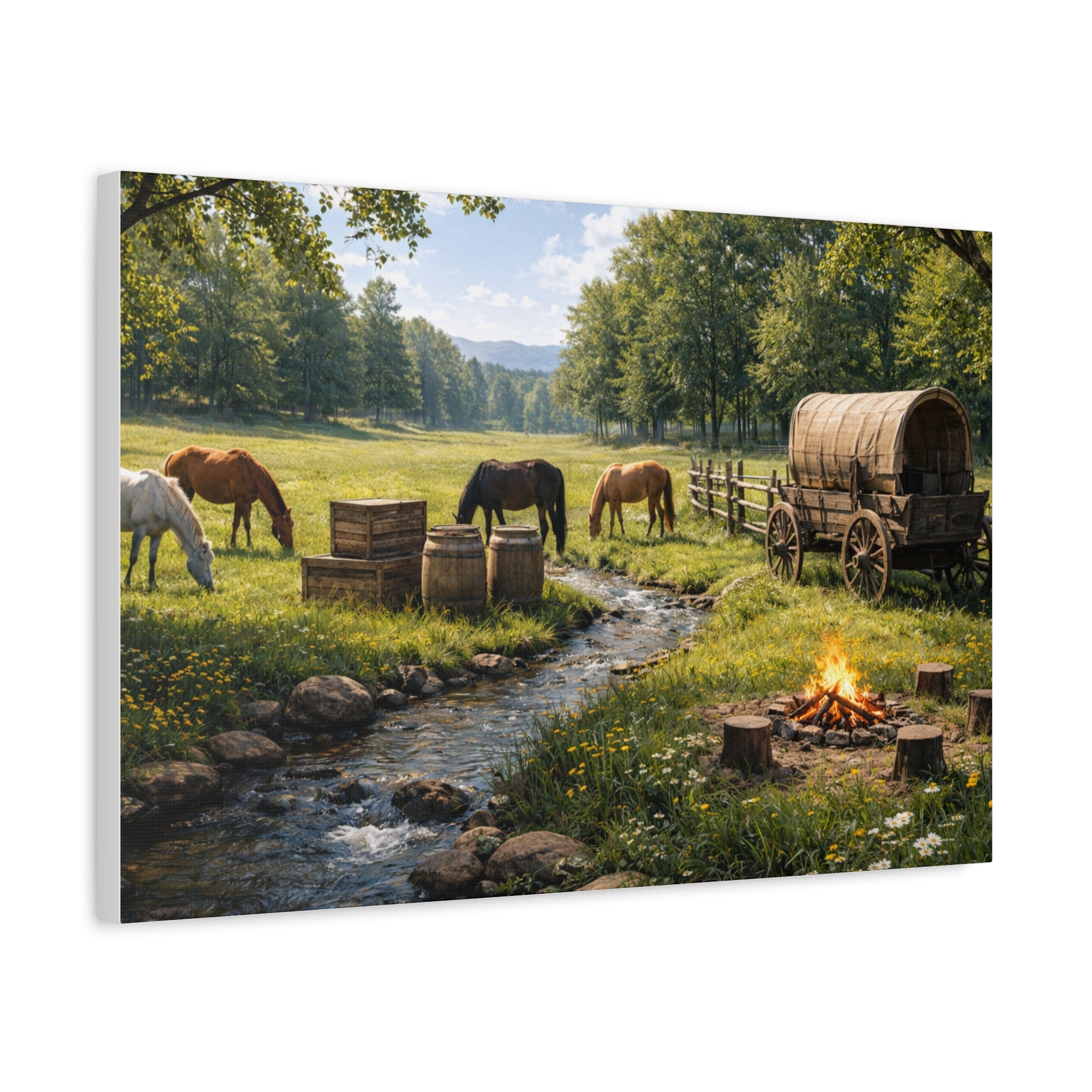 Country Trail Canvas Print – Rustic Wagon & Horses Matte Stretched Wall Art