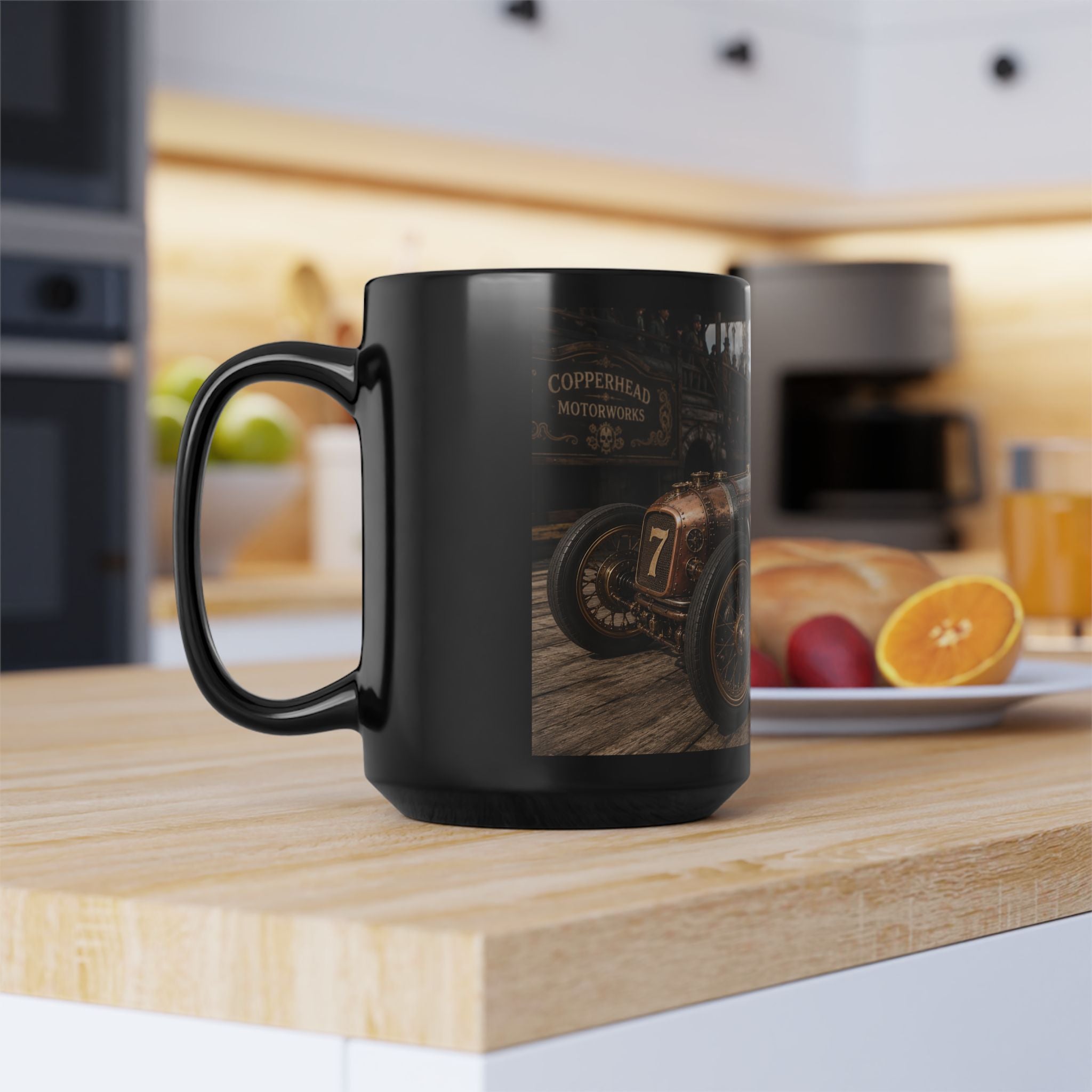 Steampunk Vintage Racecar Black Mug - 'Finish' Retro Racing Coffee Cup (11oz/15oz)