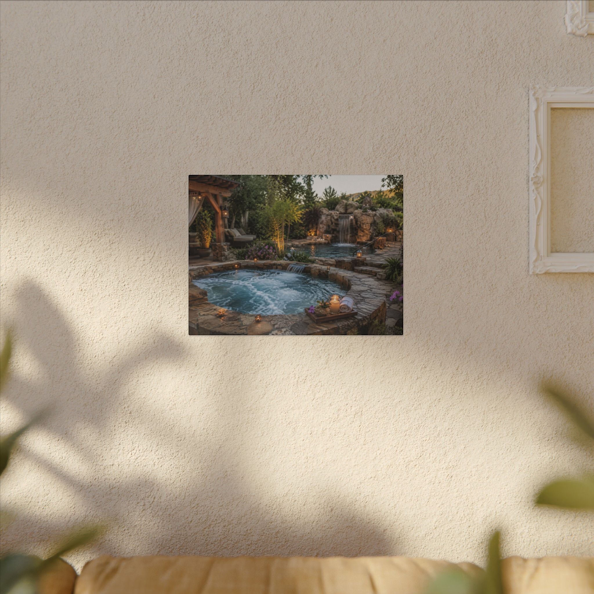 Relaxing Backyard Spa Canvas Wall Art – Tranquil Pool & Waterfall Scene