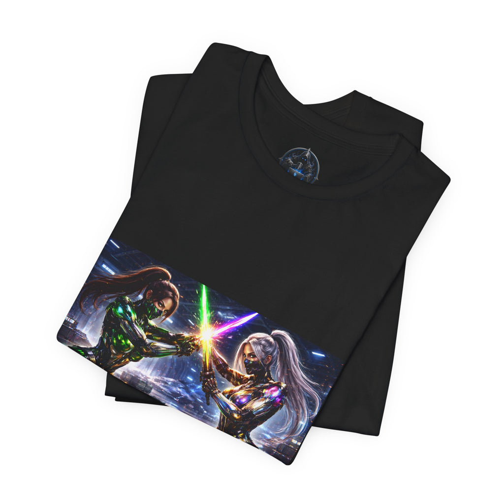 Sci‑Fi Duel Graphic Tee — Neon Cyber Warriors Chest Print