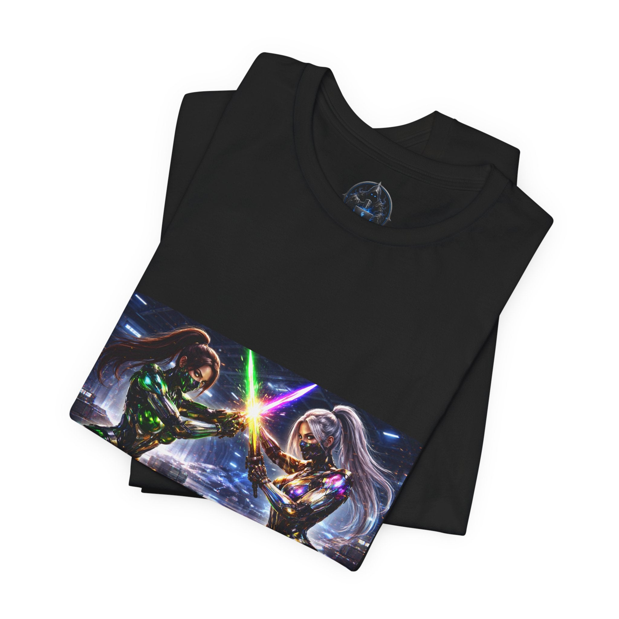 Sci‑Fi Duel Graphic Tee — Neon Cyber Warriors Chest Print