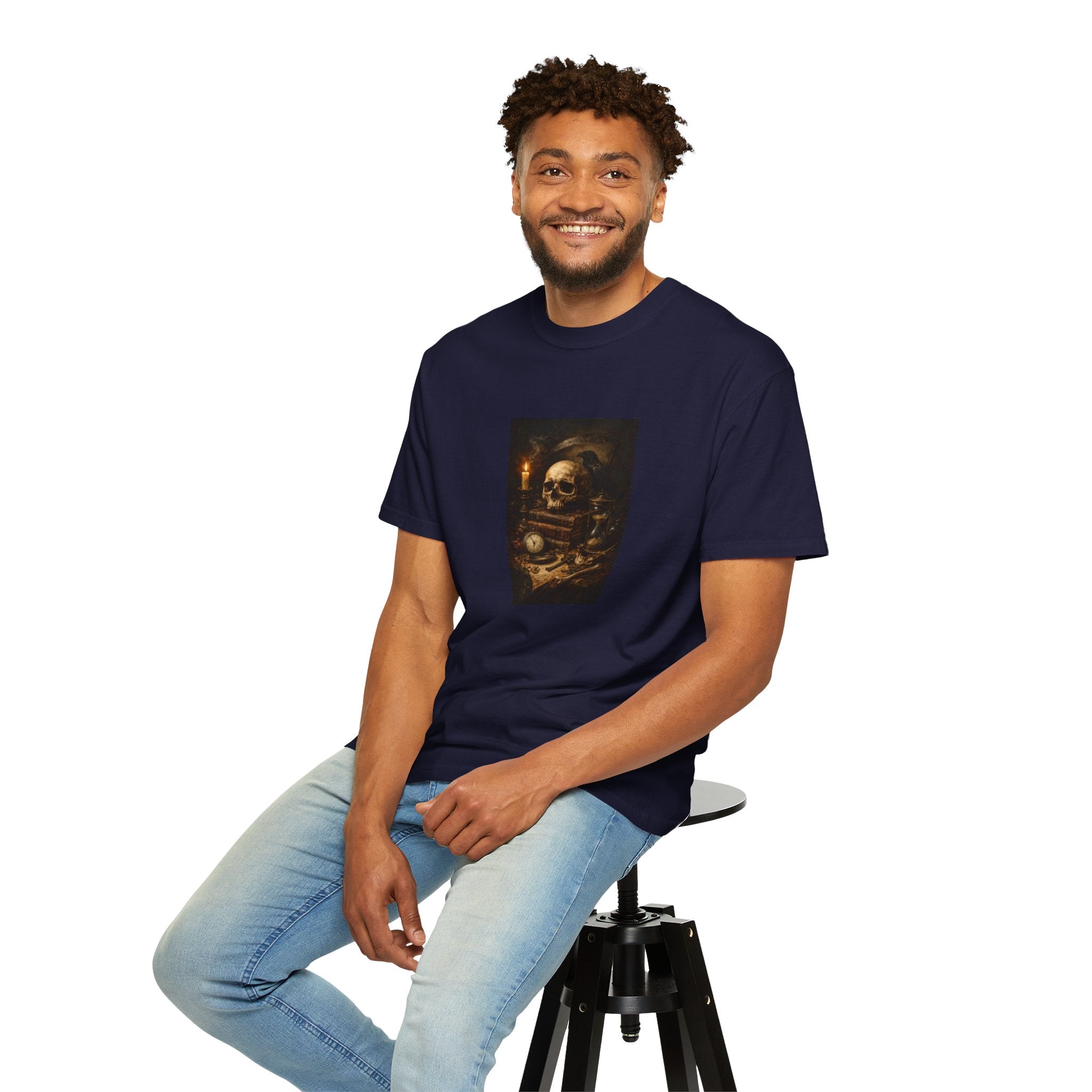 Skull Still Life T-Shirt — Vintage Vanitas Candle & Hourglass Graphic