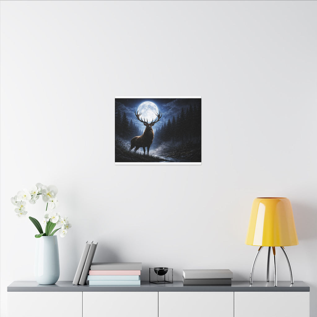 Moonlit Stag Canvas Wall Art — Majestic Deer in Forest Night Scene