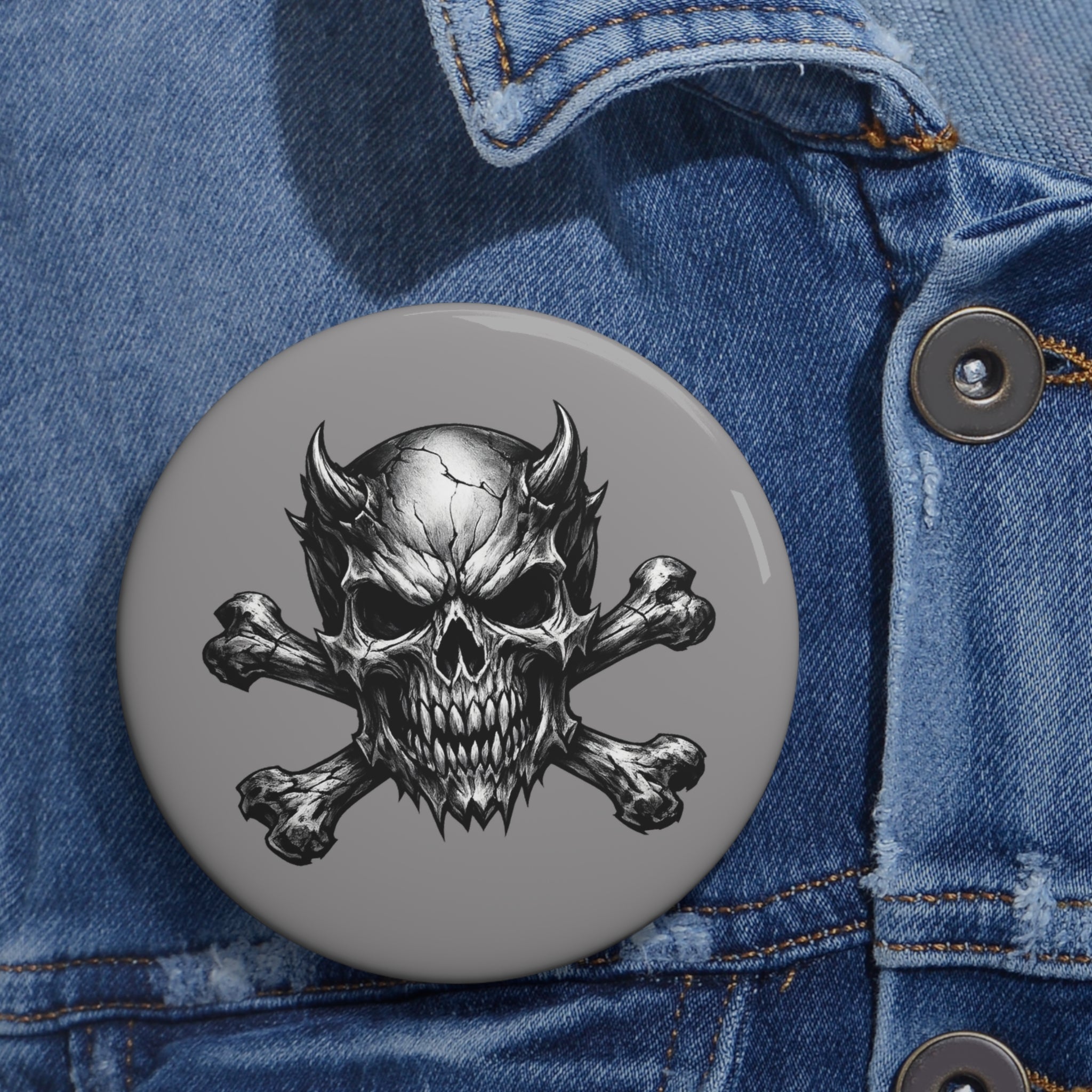 Evil Skull & Crossbones Pin Button — Gothic Metal Jacket Badge