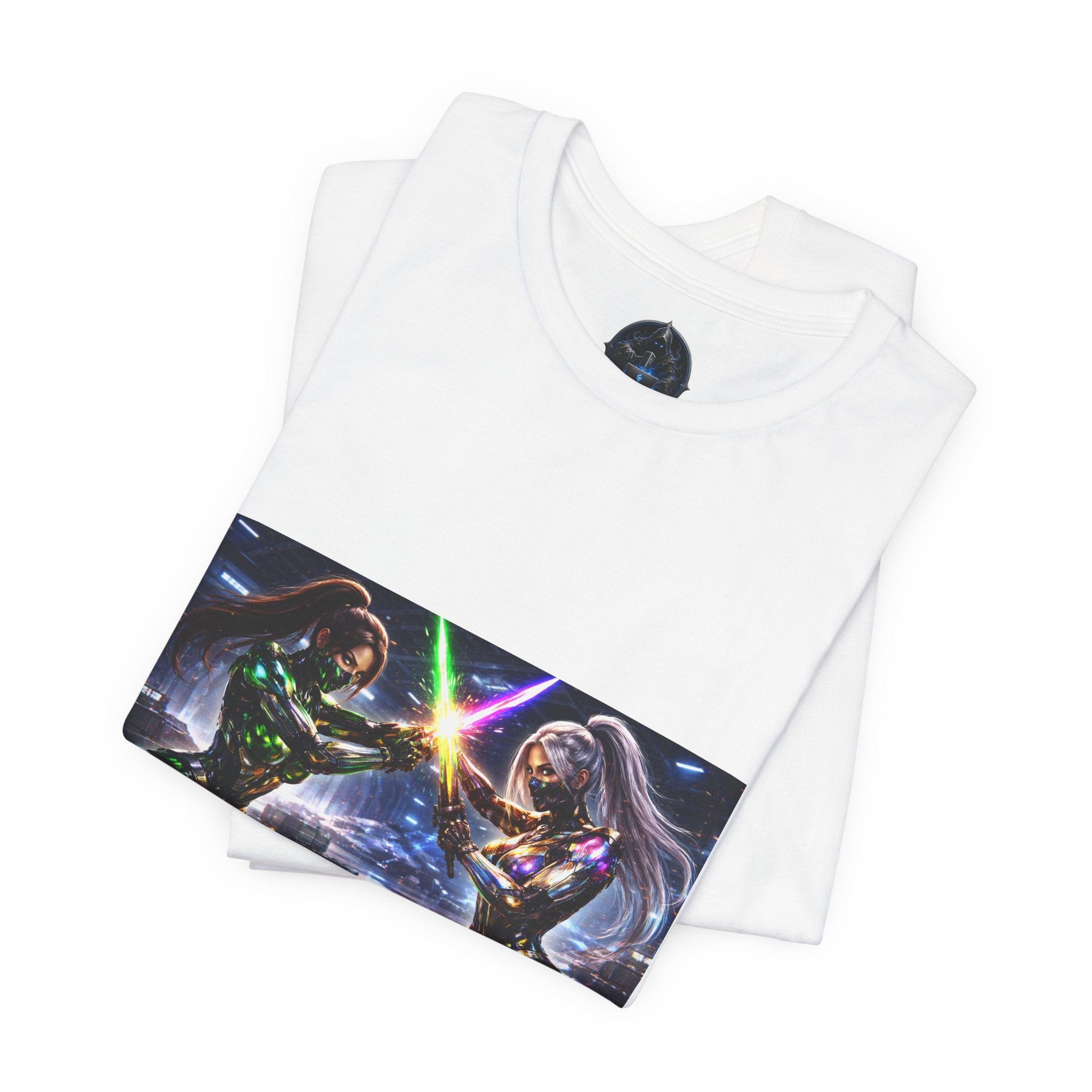 Sci‑Fi Duel Graphic Tee — Neon Cyber Warriors Chest Print
