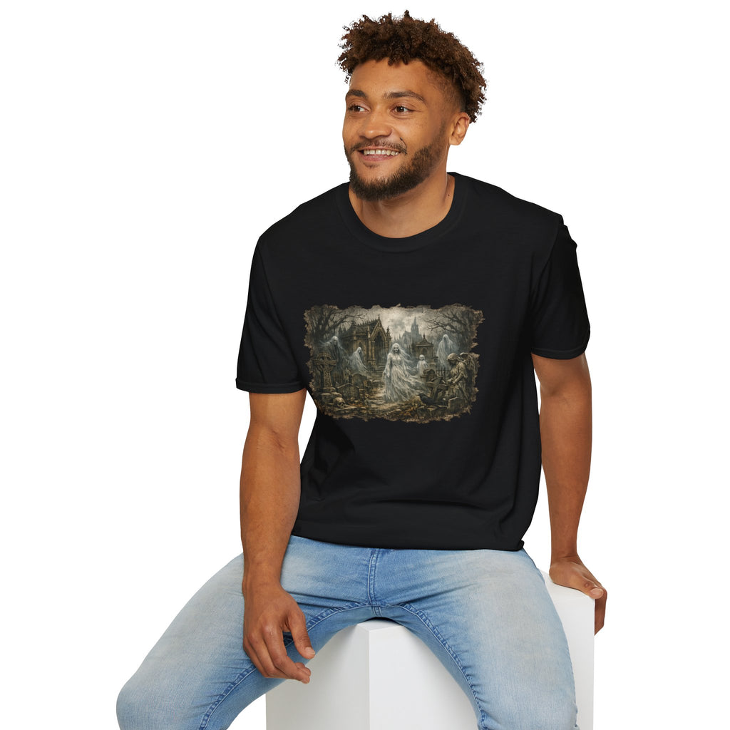 Gothic Graveyard Scene T-Shirt — Haunted Victorian Spirits Design