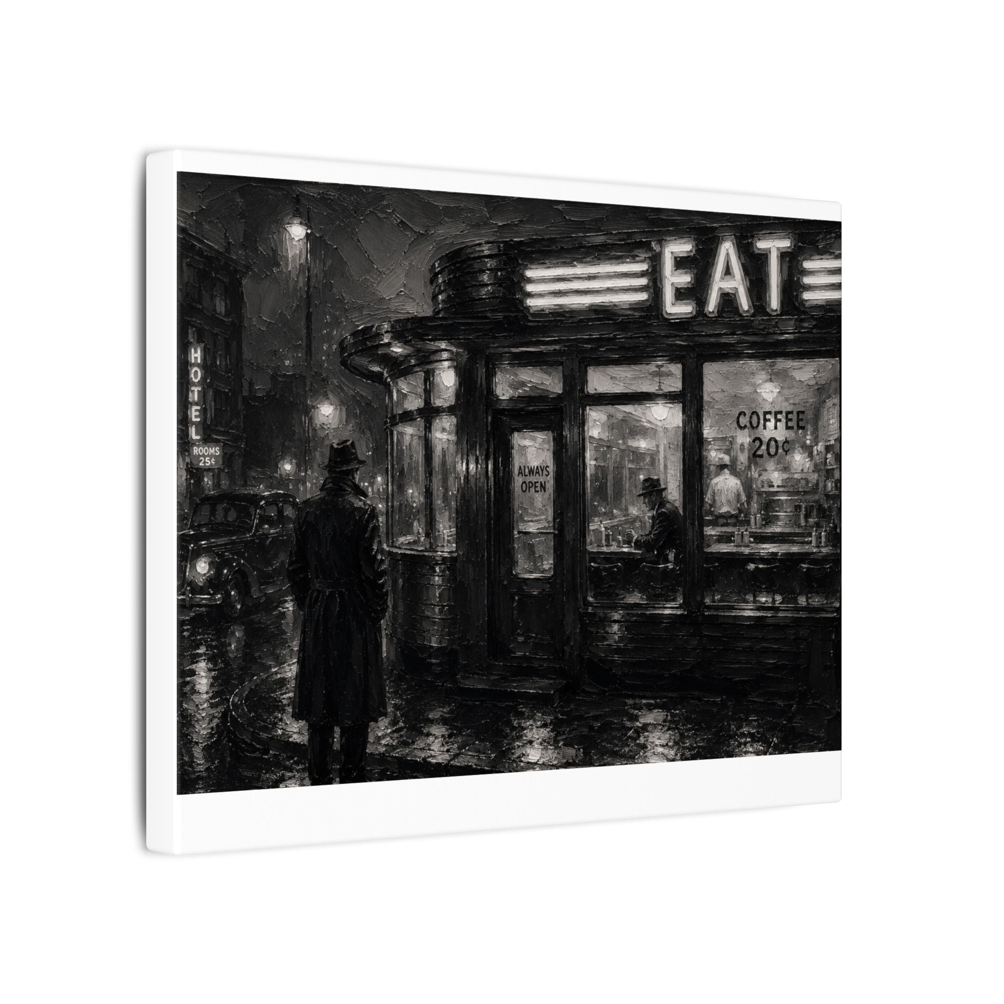 Retro Diner Night Canvas — Noir Street Scene Matte Wall Art