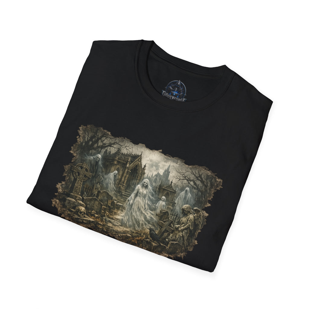 Gothic Graveyard Scene T-Shirt — Haunted Victorian Spirits Design