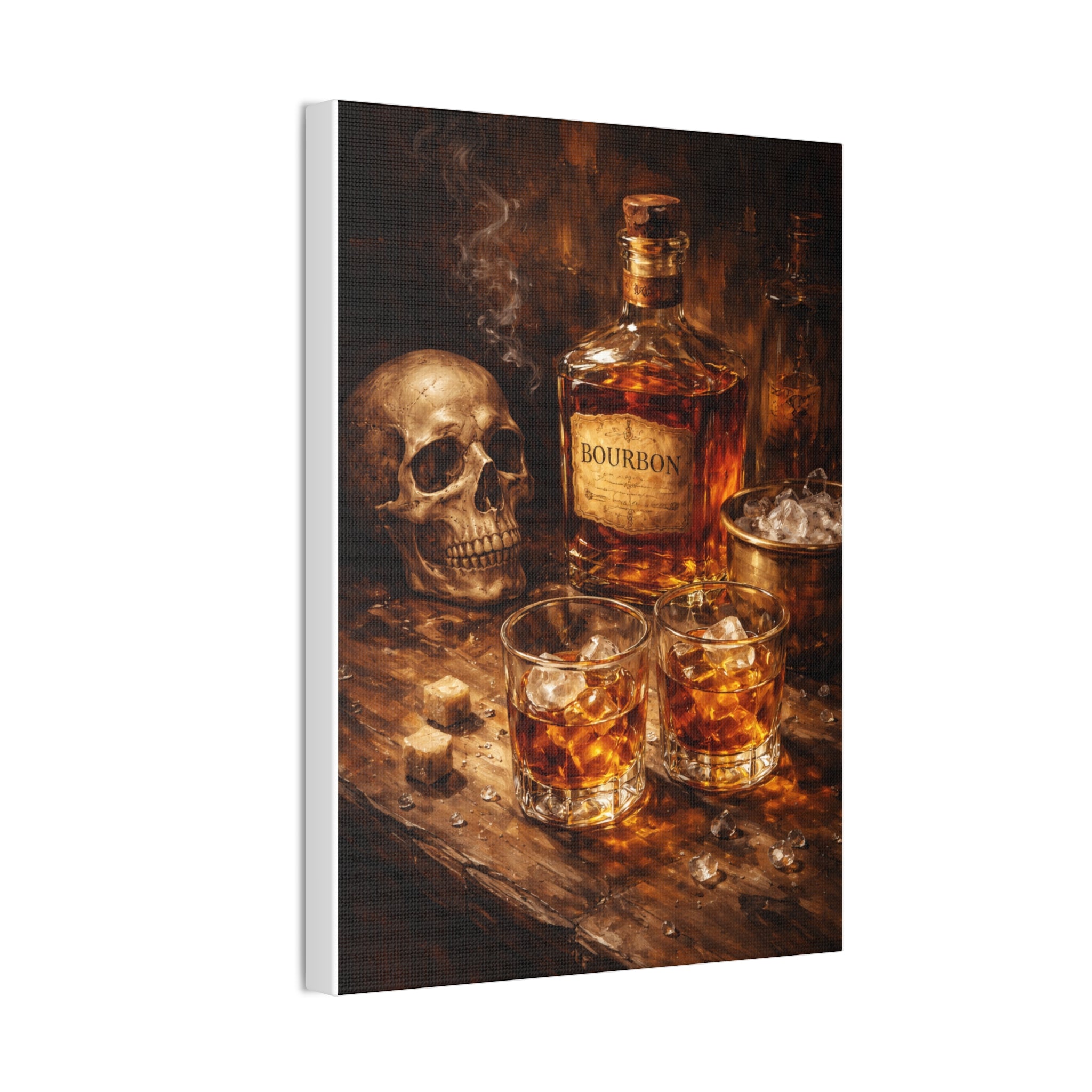 Bourbon Still Life Canvas Print — Skull & Whiskey Bar Art