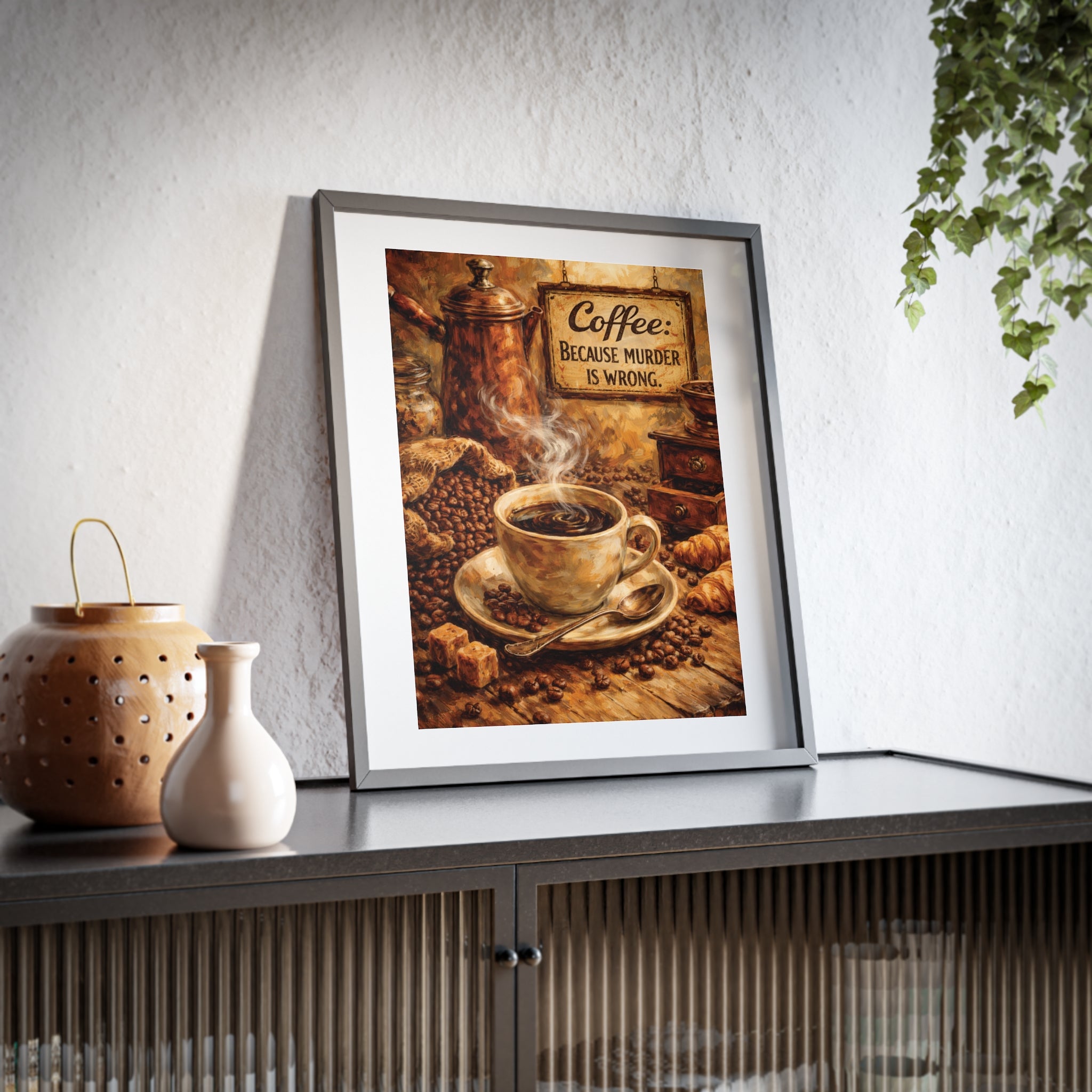 Framed Coffee Poster — "Coffee: Because Murder Is Wrong" Vintage Kitchen Wall Art