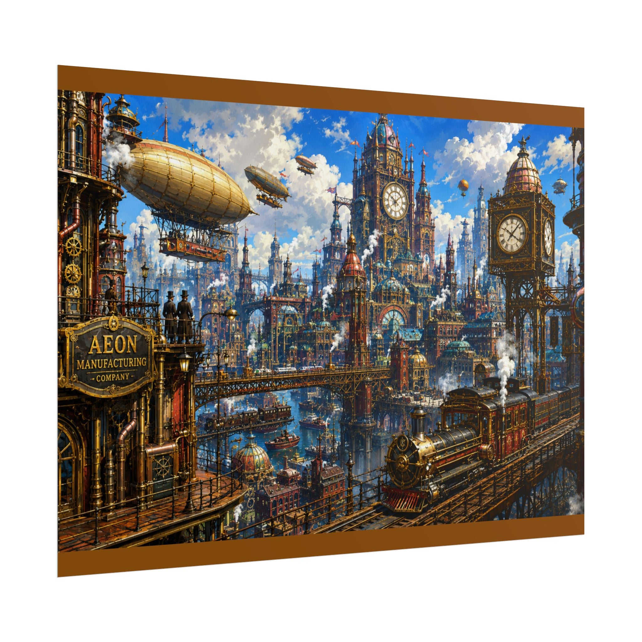 Steampunk Cityscape Poster — Vintage Airships & Clocktower Rolled Art Print