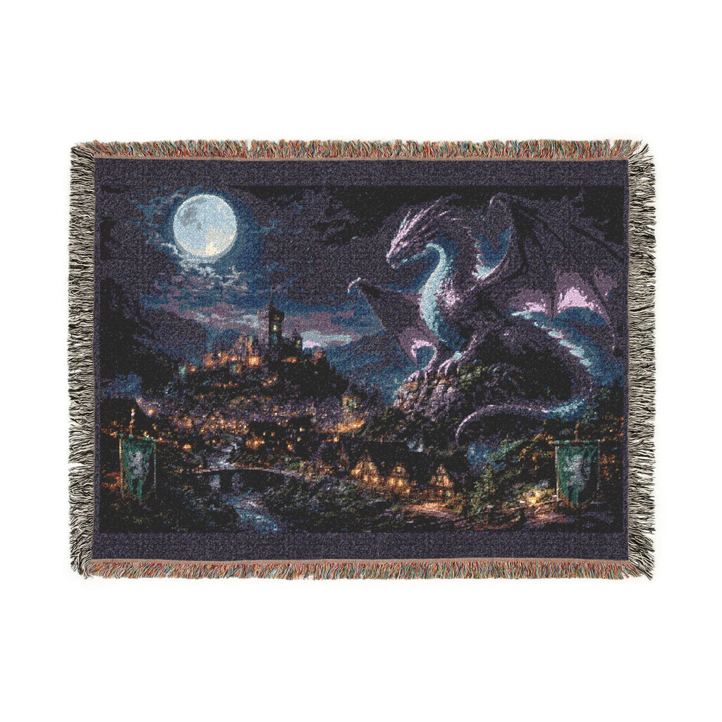 Dragon Night Woven Blanket — Mystical Moonlit Cityscape Throw