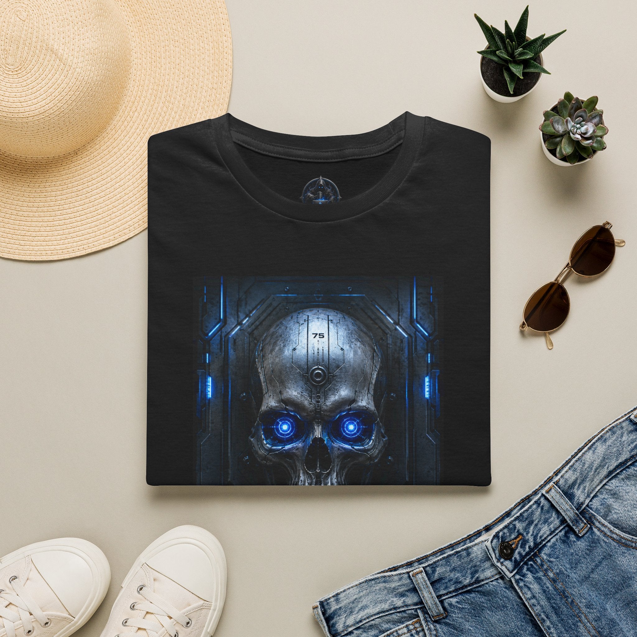 Skull Cyberpunk T-Shirt — Blue Glowing Skull Sci‑Fi Graphic Tee