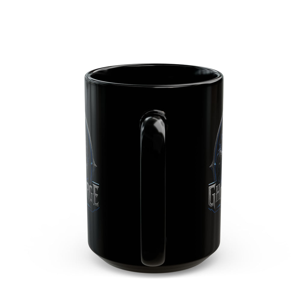 GhostForge Studio Logo Black Mug — Gaming Raven Hooded Emblem Coffee Cup (11oz/15oz)