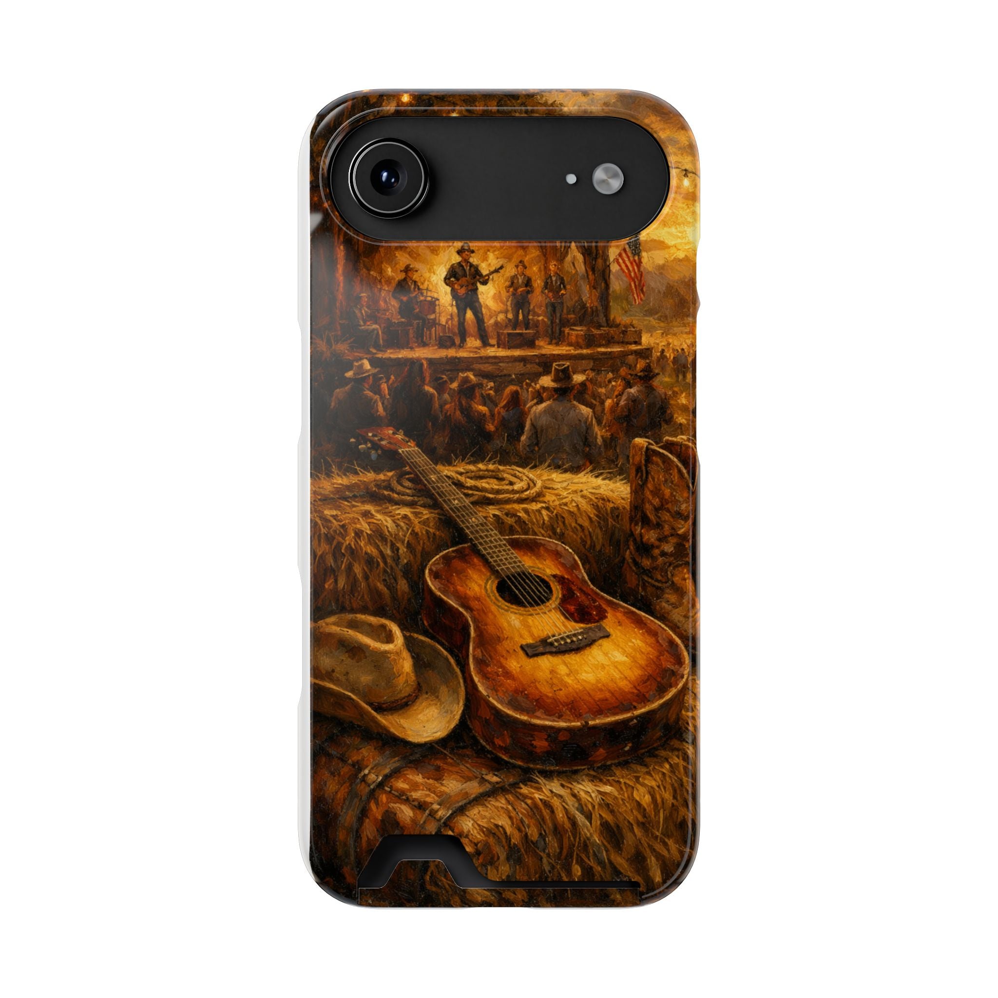 Country Music Guitar Phone Case with Card Holder — Rustic Concert Scene