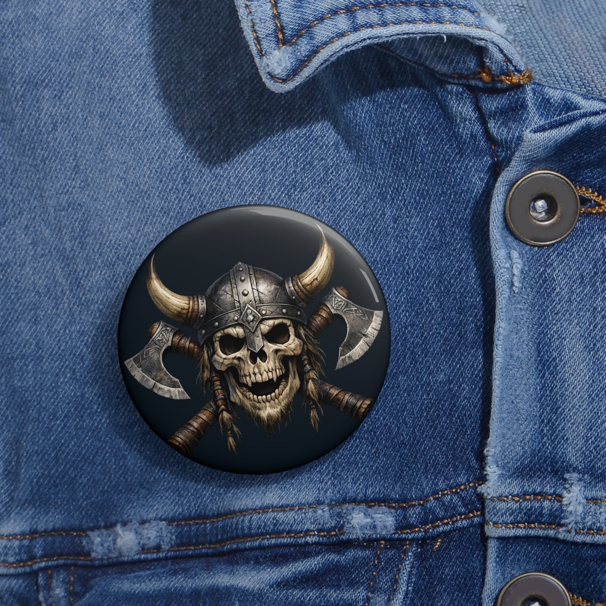 Viking Skull Button Pin — Axe Helmet Metal Badge