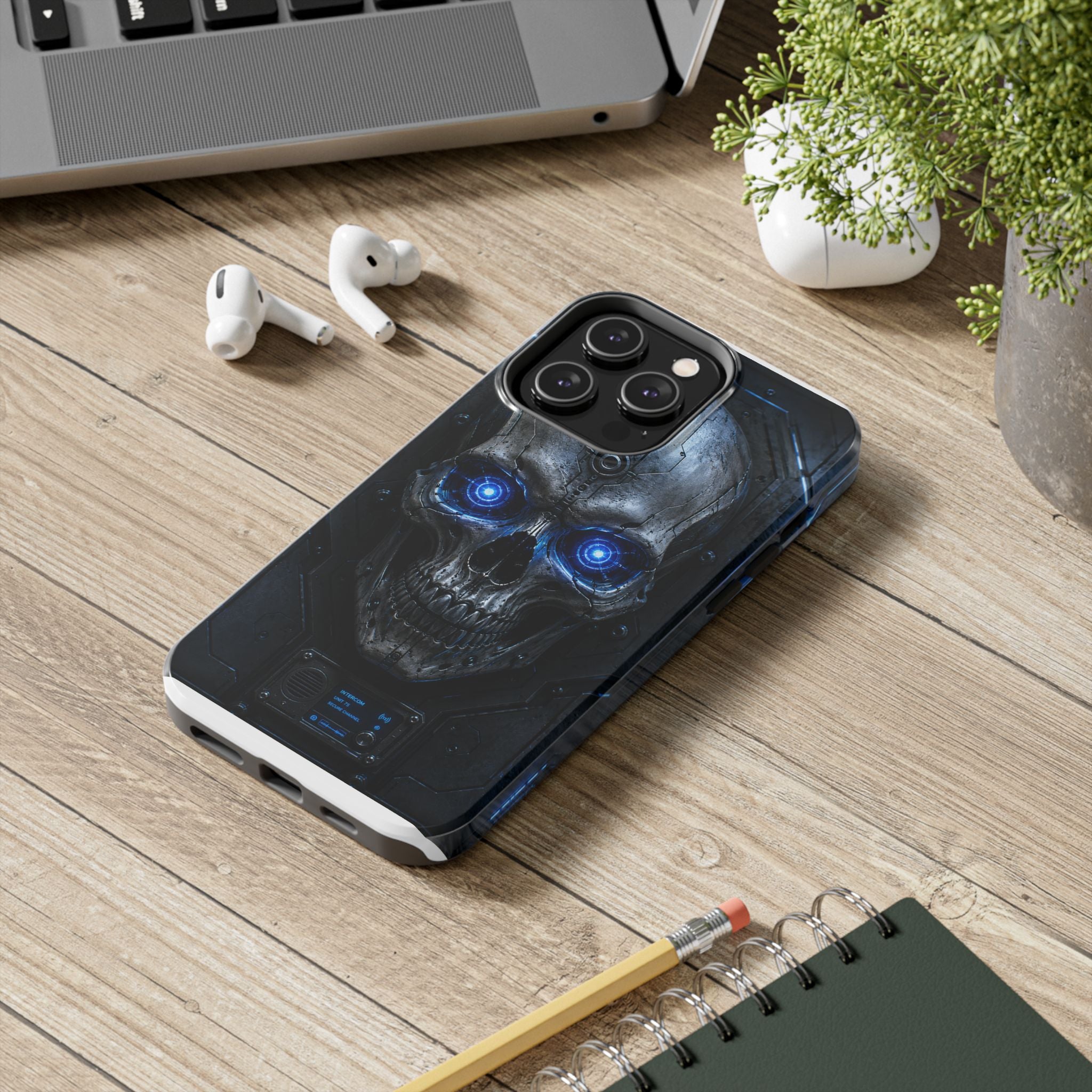 Cyber Skull Tough Phone Case — Blue LED Scary Robot Skull iPhone Case