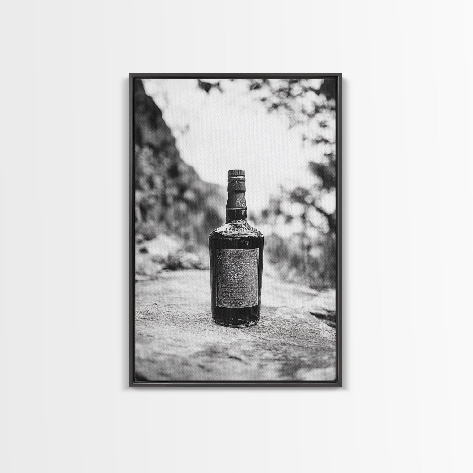 Vintage Whiskey Bottle, Rustic Outdoor Still, Timeless Spirits, Aged Detail, Framed Canvas Print, Man Cave Art, Bar Wall Decor
