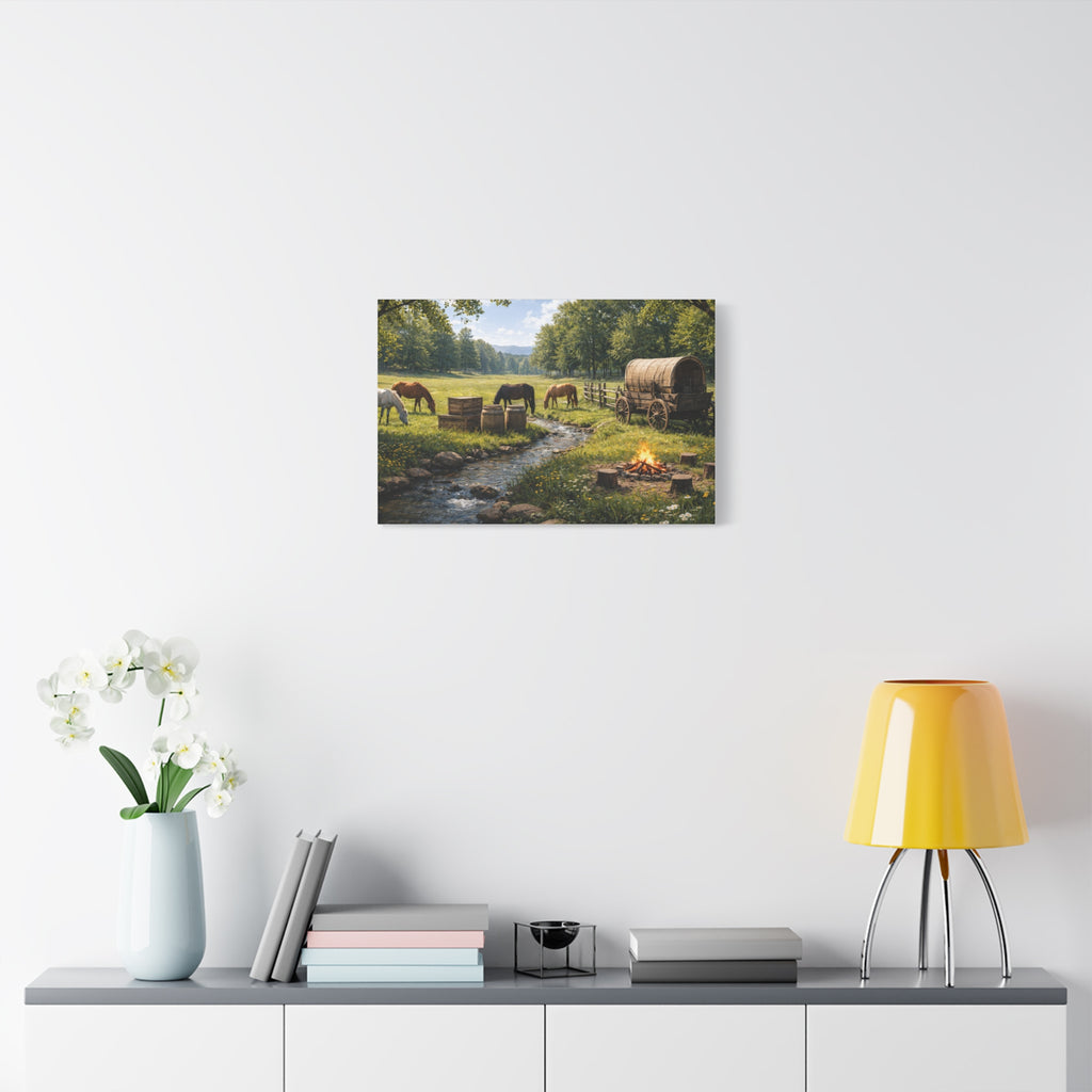 Country Trail Canvas Print – Rustic Wagon & Horses Matte Stretched Wall Art