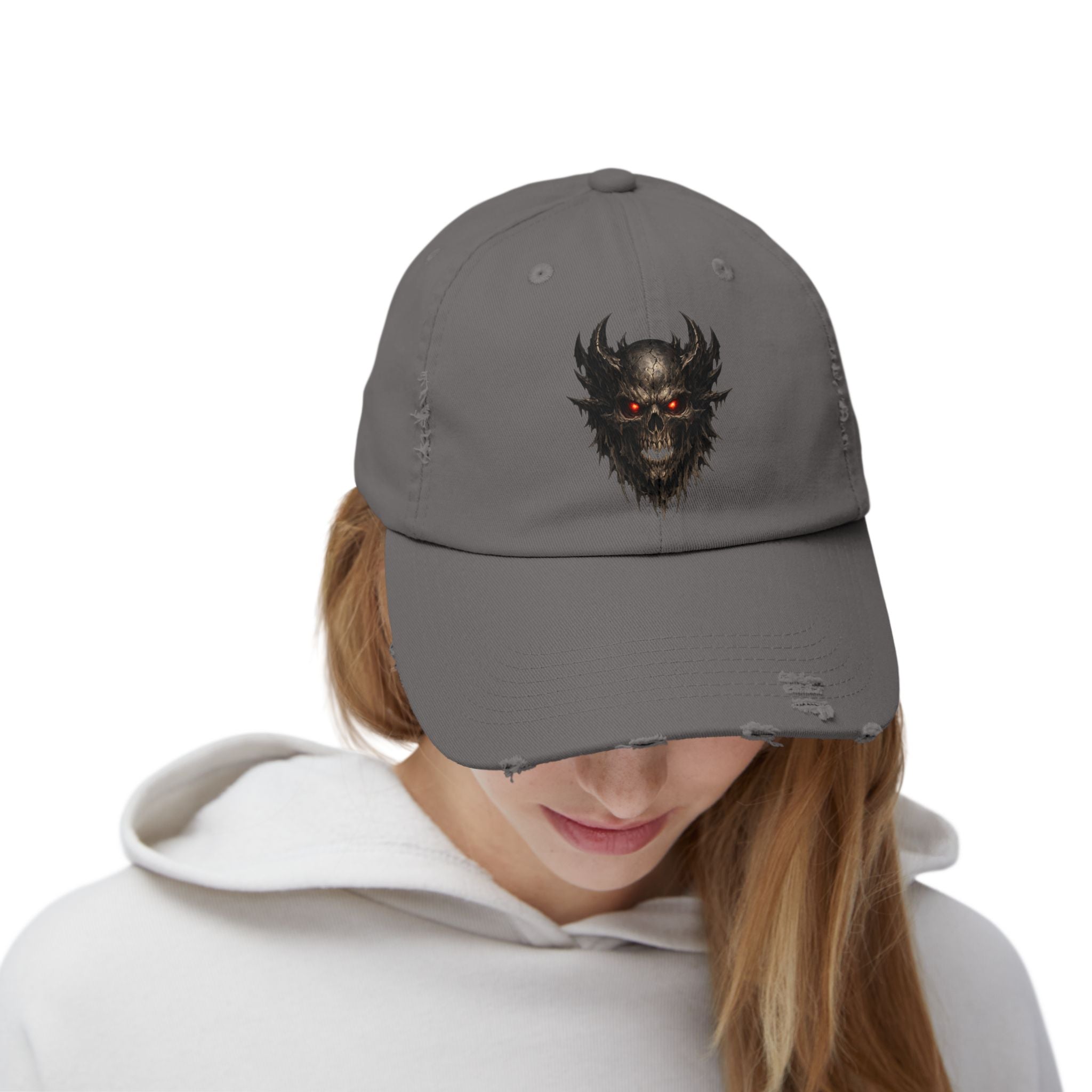 Distressed Skull Cap with Glowing Red Eyes — Gothic Demon Hat