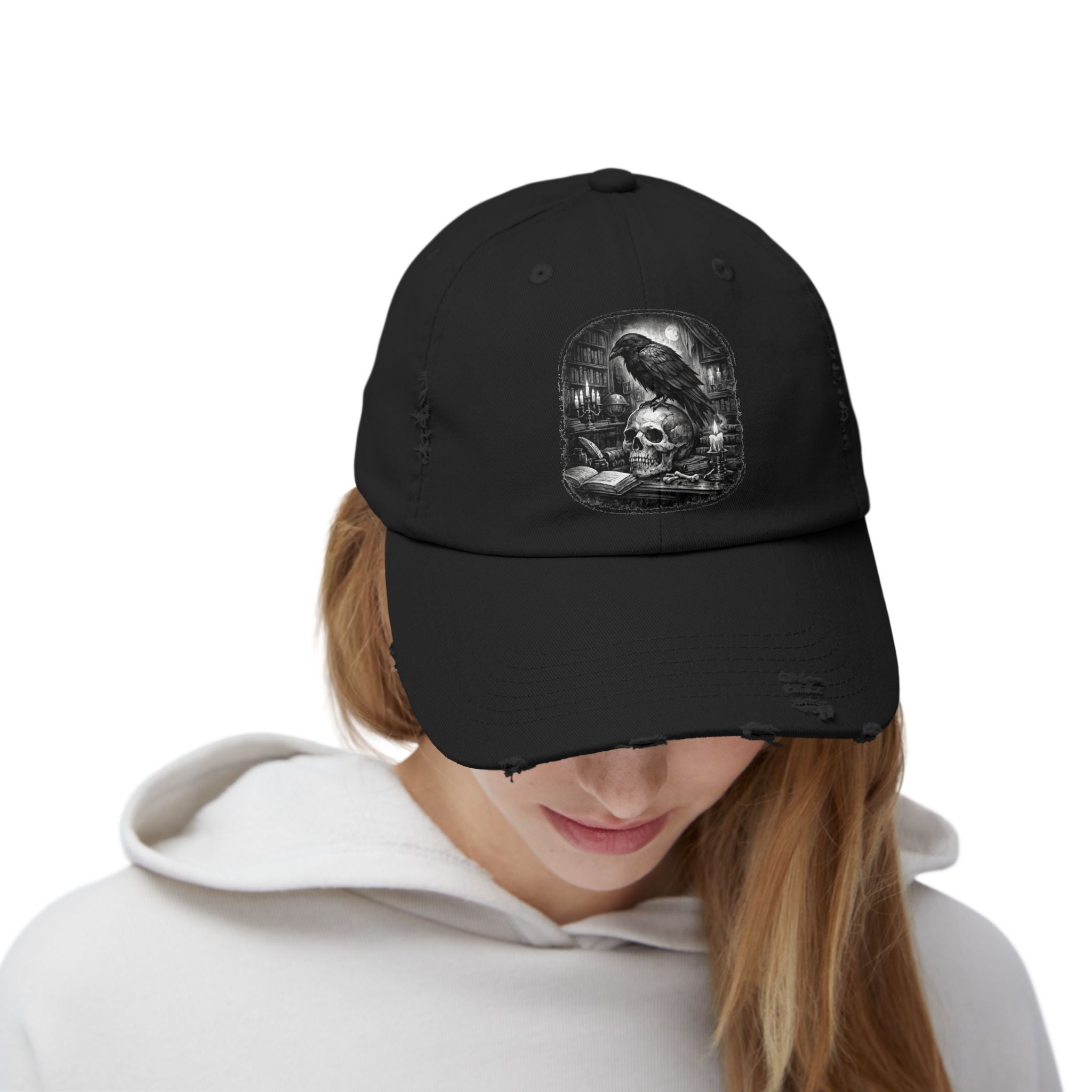 Distressed Raven & Skull Cap — Gothic Vintage Baseball Hat