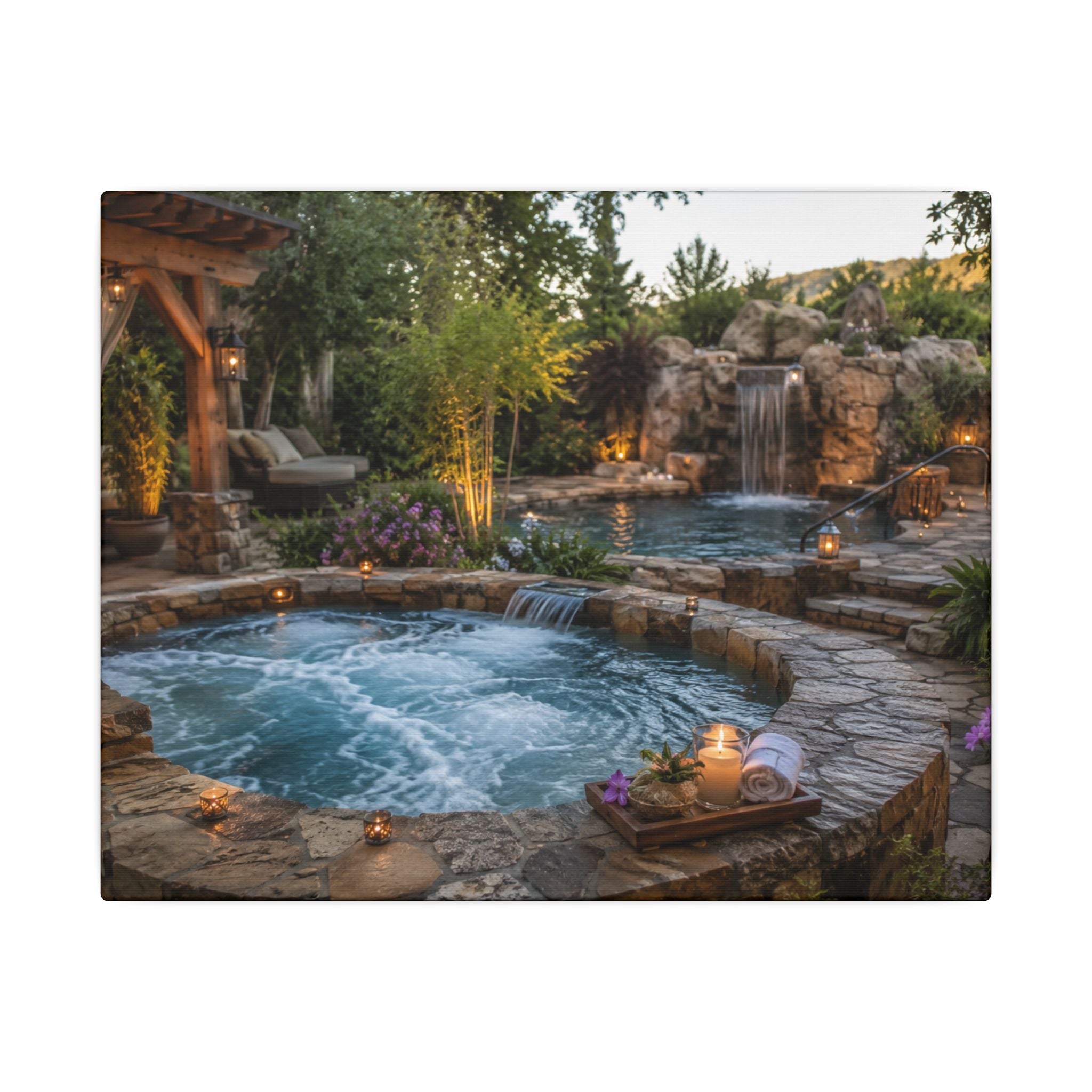 Relaxing Backyard Spa Canvas Wall Art – Tranquil Pool & Waterfall Scene