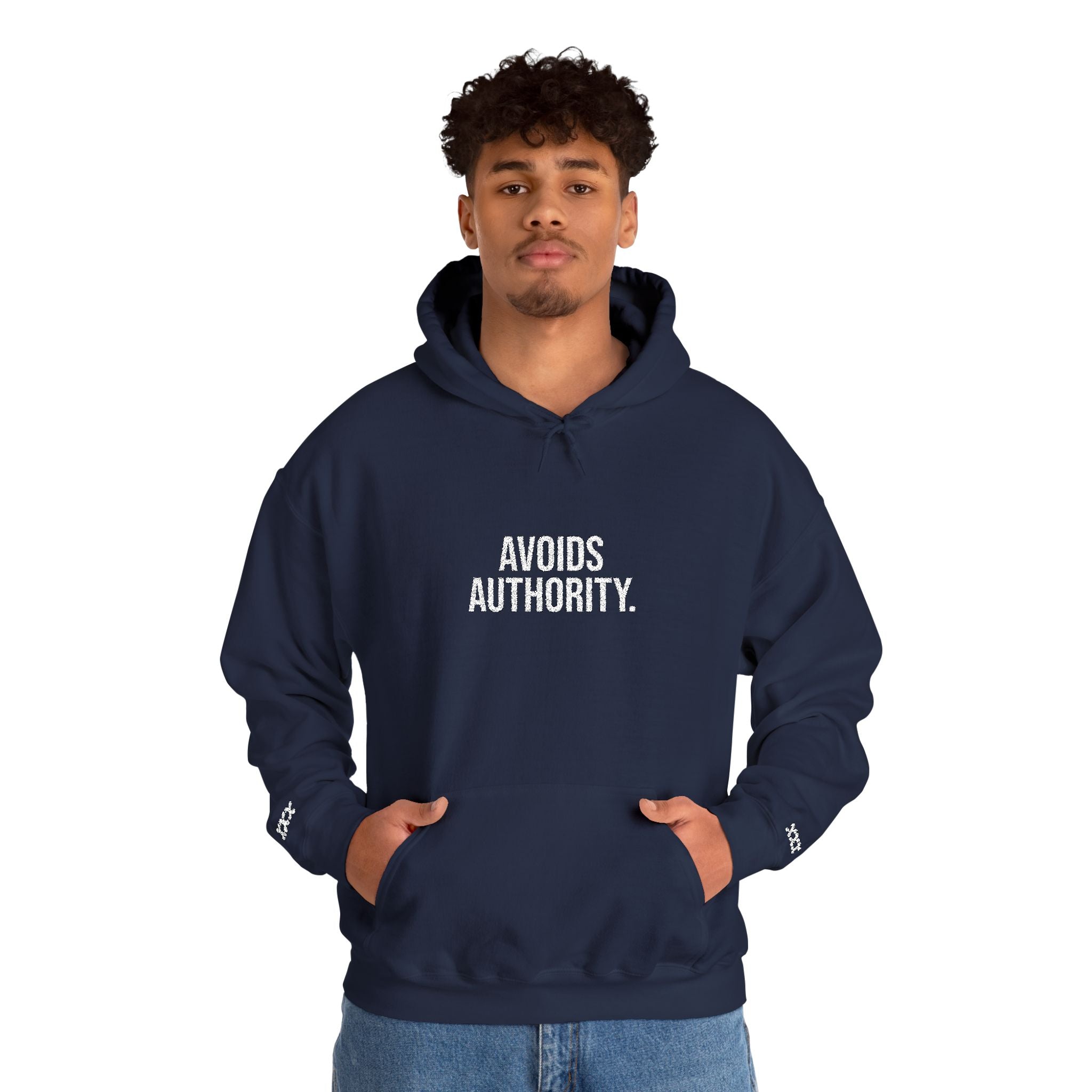 Avoids Authority Hoodie — Rebellious Embroidered Pullover