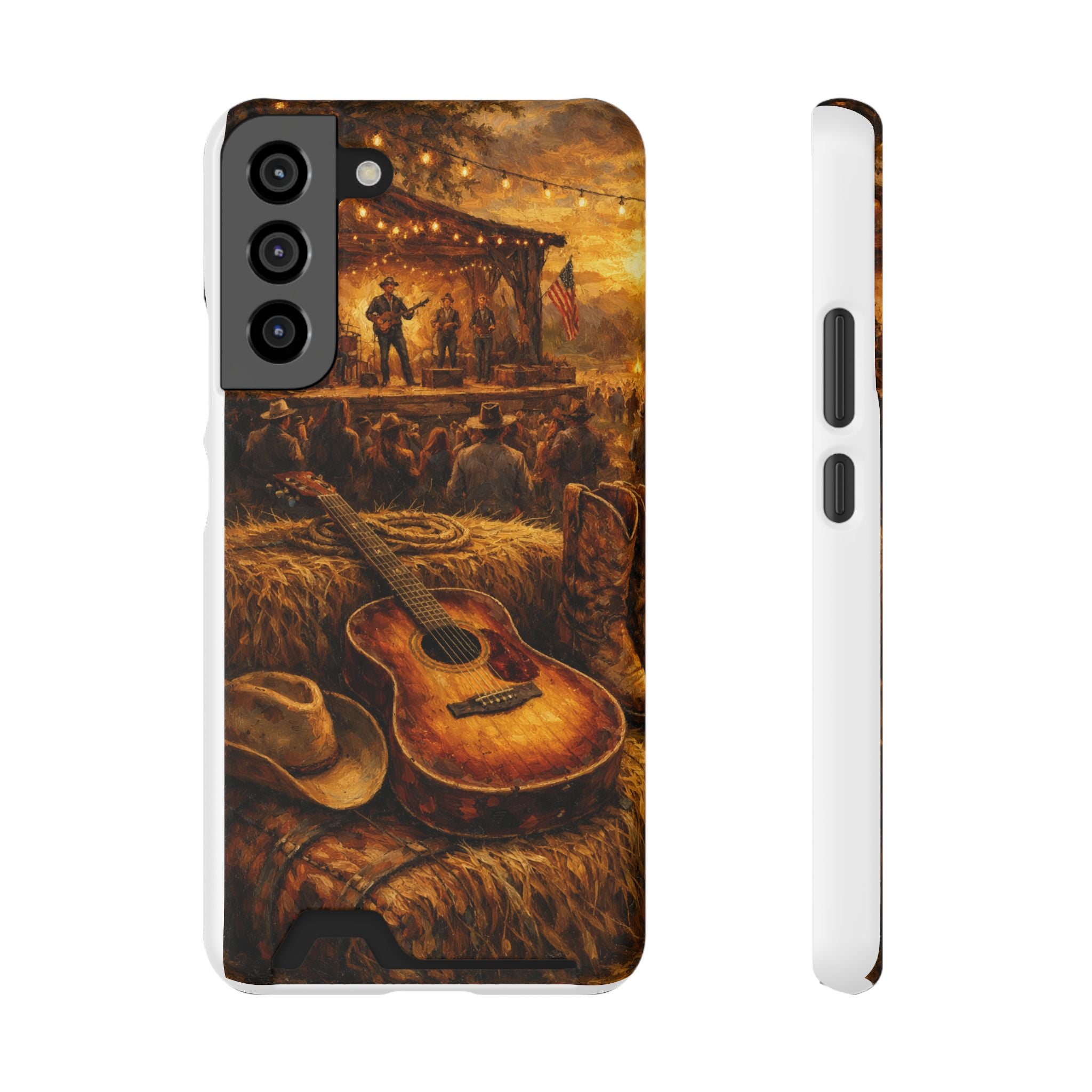 Country Music Guitar Phone Case with Card Holder — Rustic Concert Scene