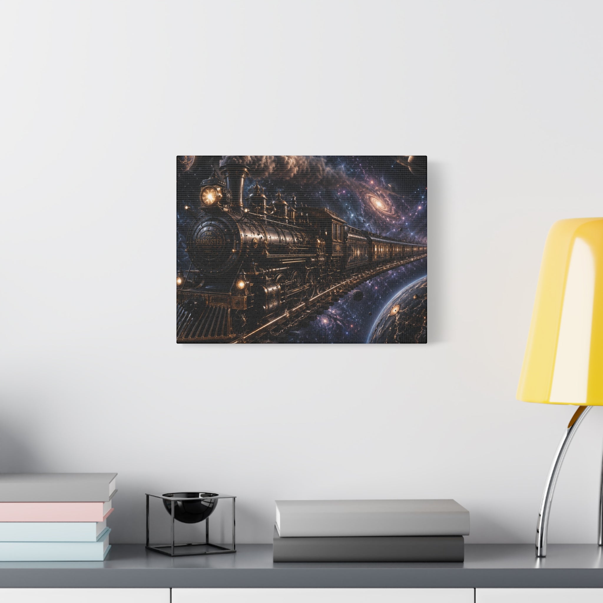 Steam Train Through the Cosmos Canvas Art — Vintage Locomotive Space Poster
