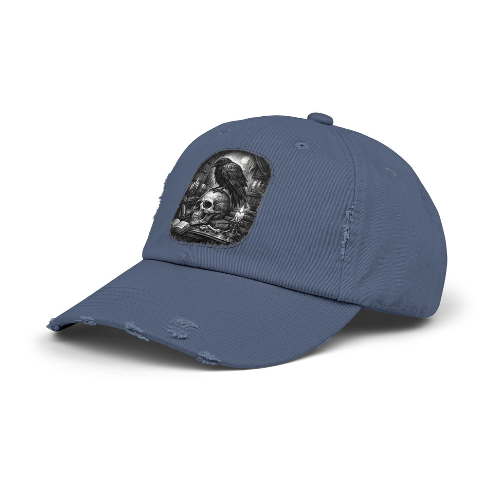 Distressed Raven & Skull Cap — Gothic Vintage Baseball Hat