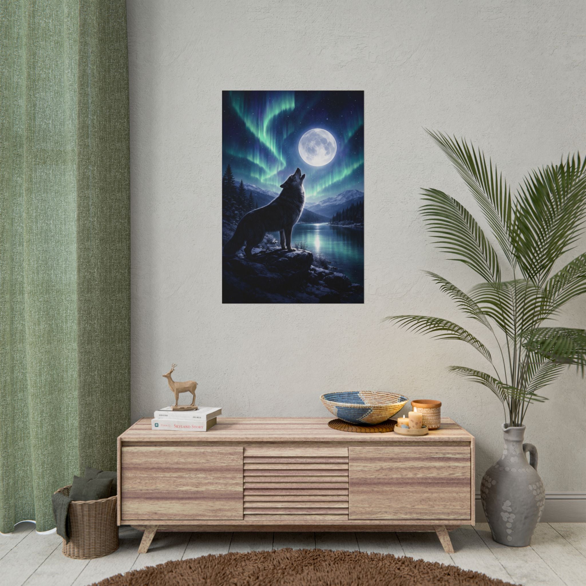 Wolf Howl Moon Poster – Northern Lights Landscape Wall Art