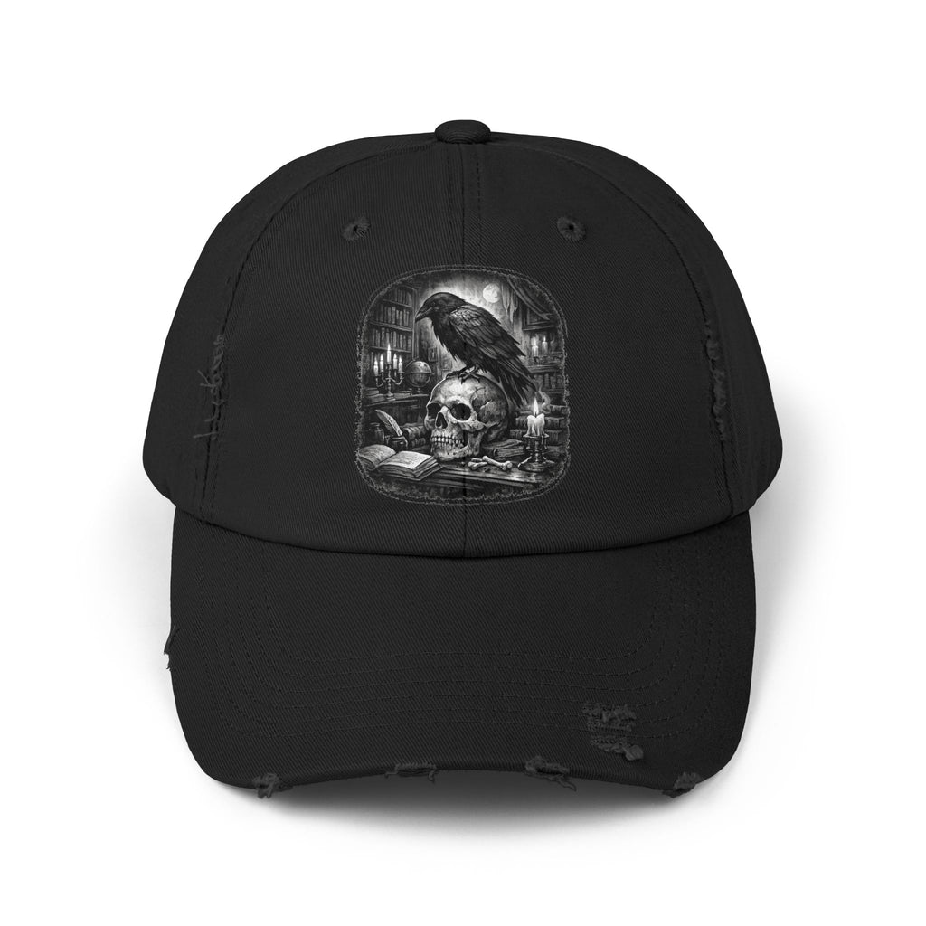 Distressed Raven & Skull Cap — Gothic Vintage Baseball Hat