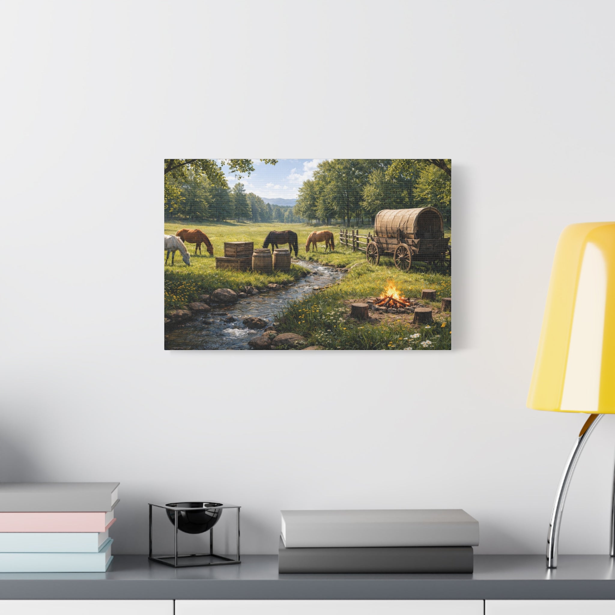 Country Trail Canvas Print – Rustic Wagon & Horses Matte Stretched Wall Art