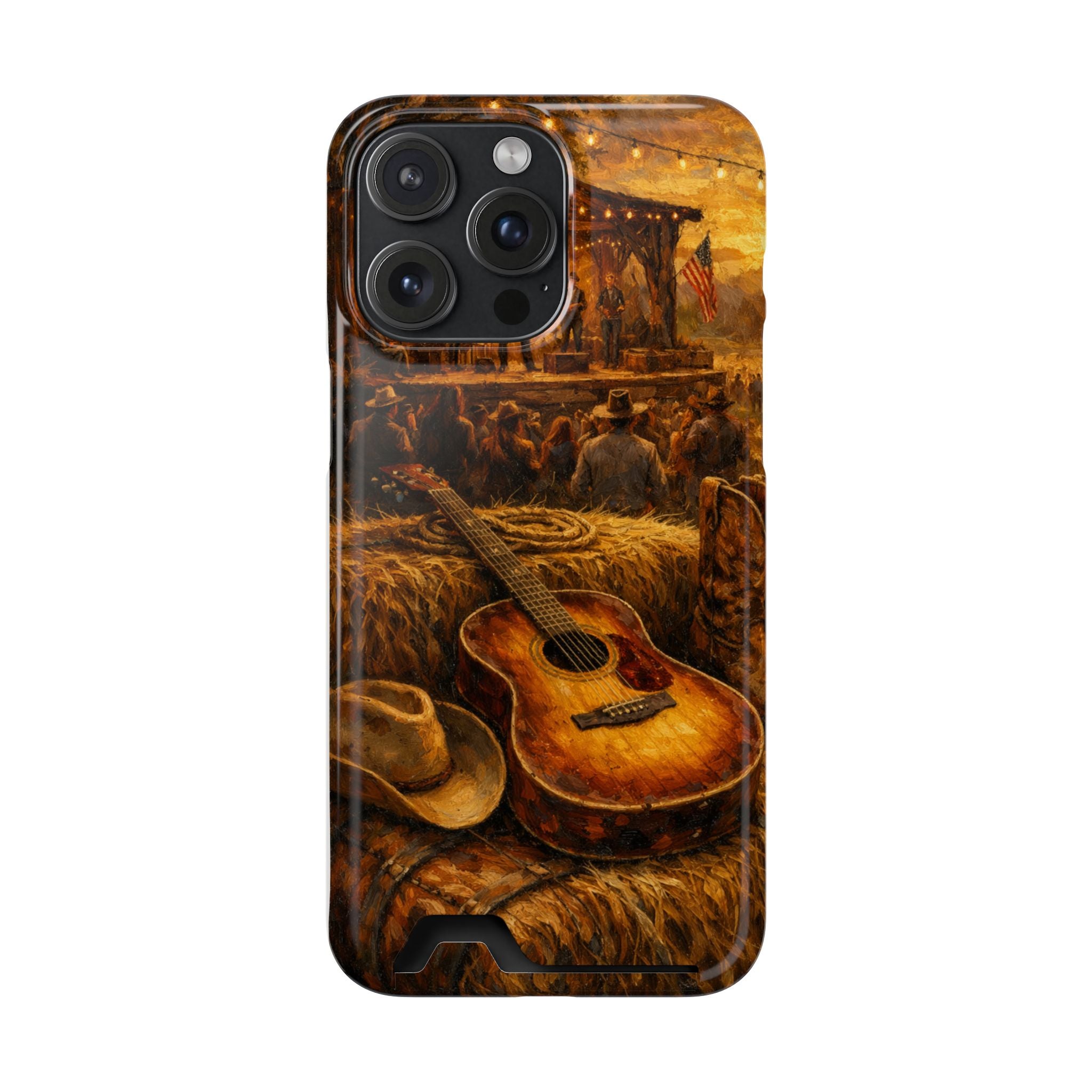 Country Music Guitar Phone Case with Card Holder — Rustic Concert Scene