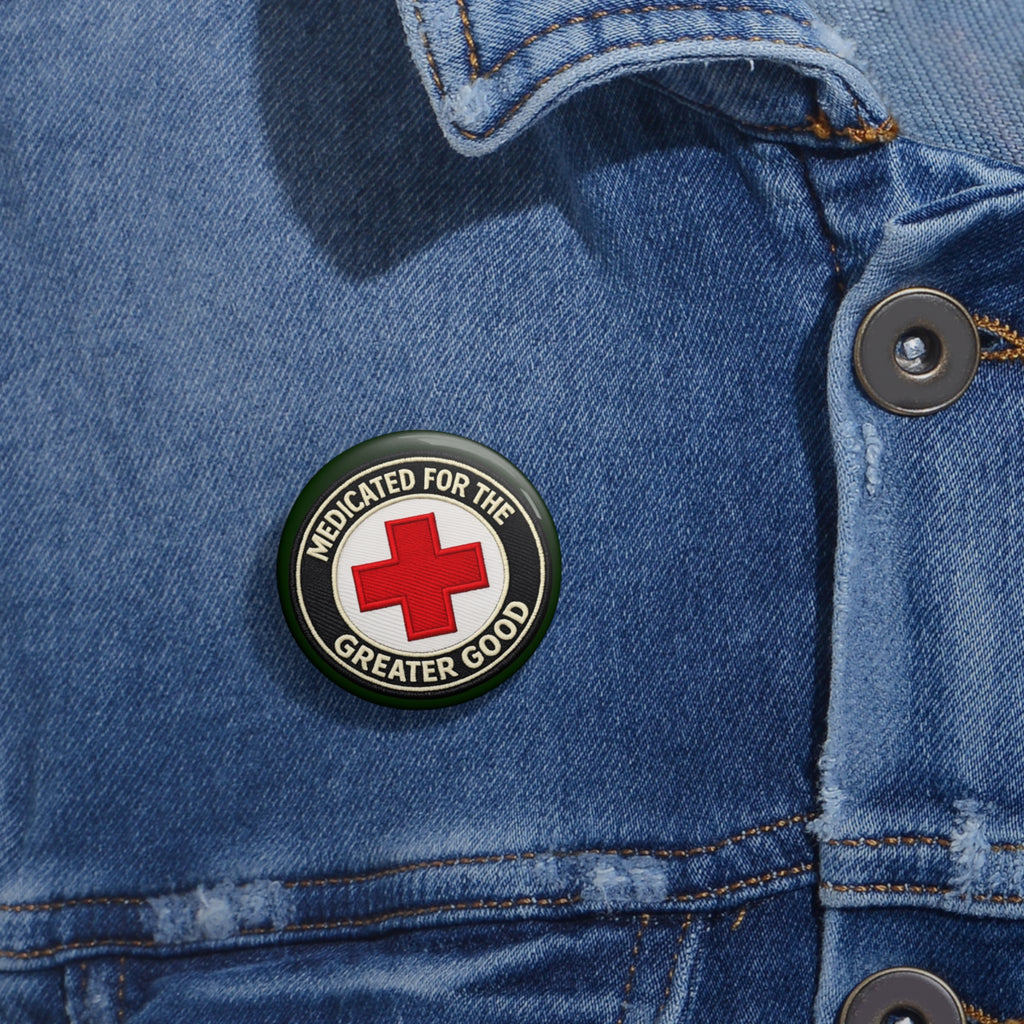Pin Button — “Medicated for the Greater Good” Red Cross Enamel Badge